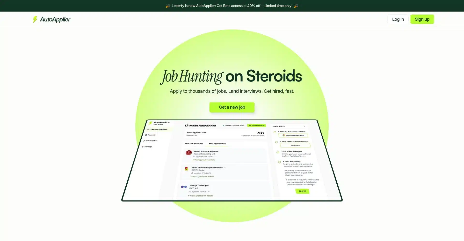 Interfaz de AutoApplier mostrando aplicaciones automáticas en LinkedIn