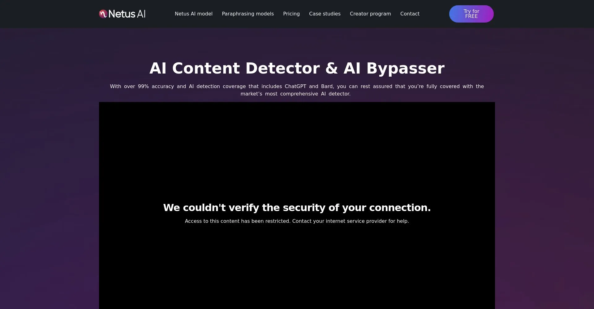 Página de inicio de Netus AI mostrando un mensaje de seguridad
