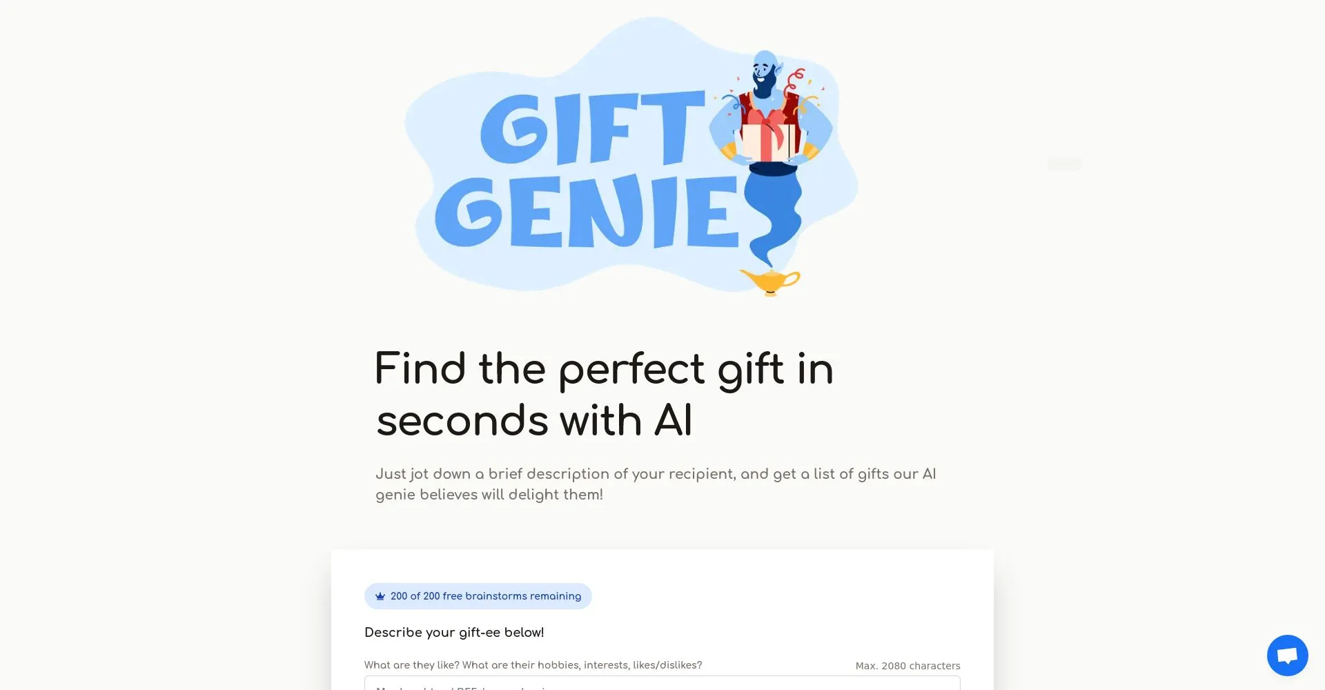 Pantalla de inicio de Gift Genie mostrando un genio con un regalo