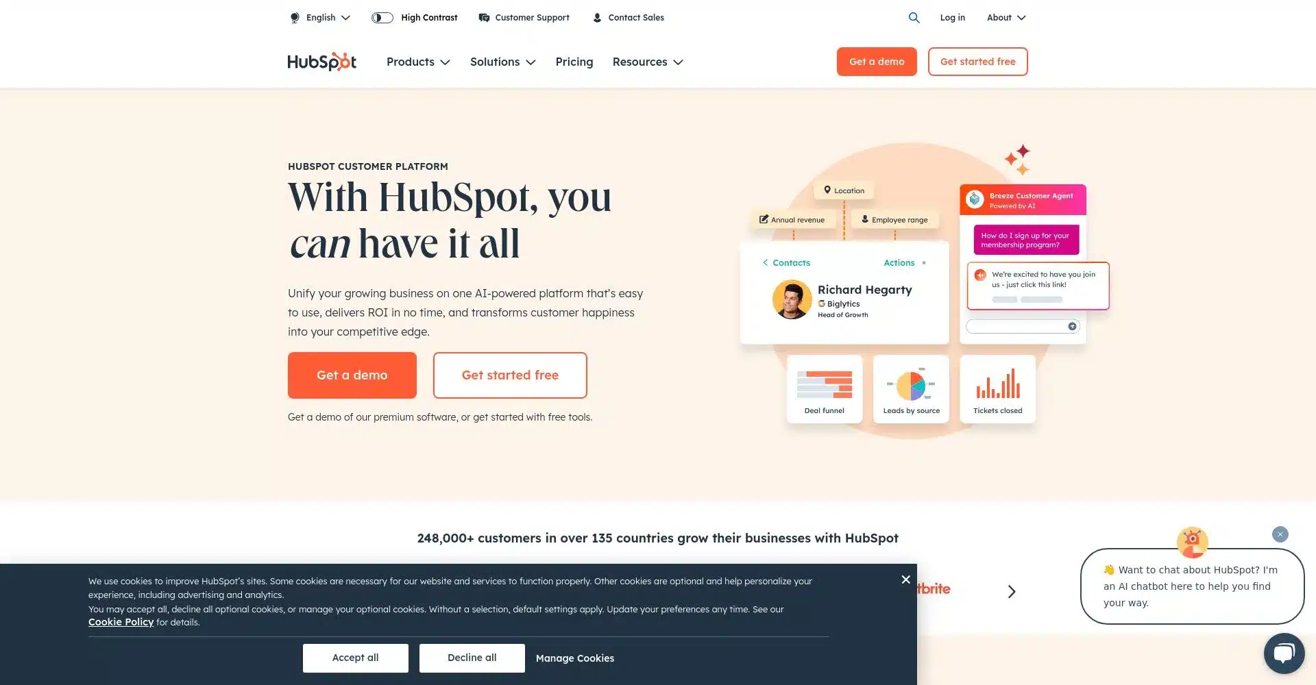 Captura de pantalla de la pƔgina de inicio de HubSpot