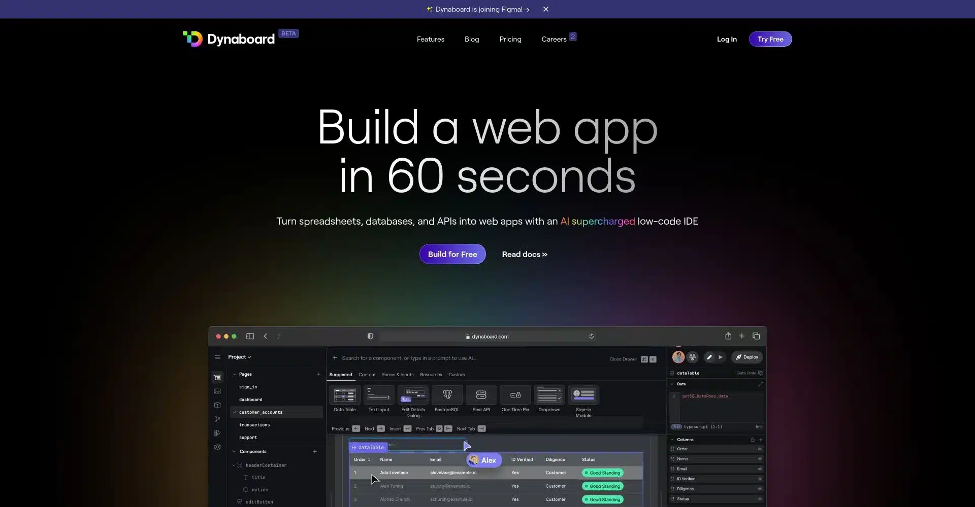 Captura de pantalla de la página de inicio de Dynaboard