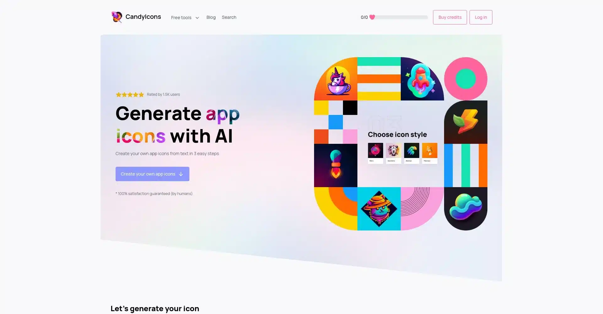 Captura de pantalla de CandyIcons mostrando opciones para generar iconos con IA