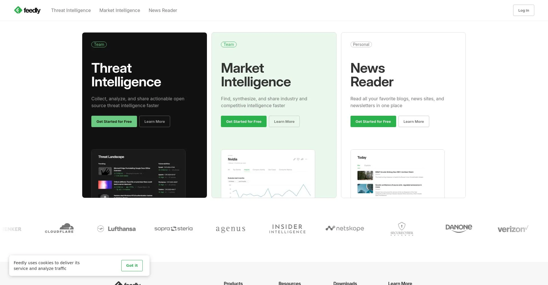 Captura de pantalla del sitio web de Feedly mostrando sus servicios de inteligencia de amenazas y mercado, y lector de noticias.