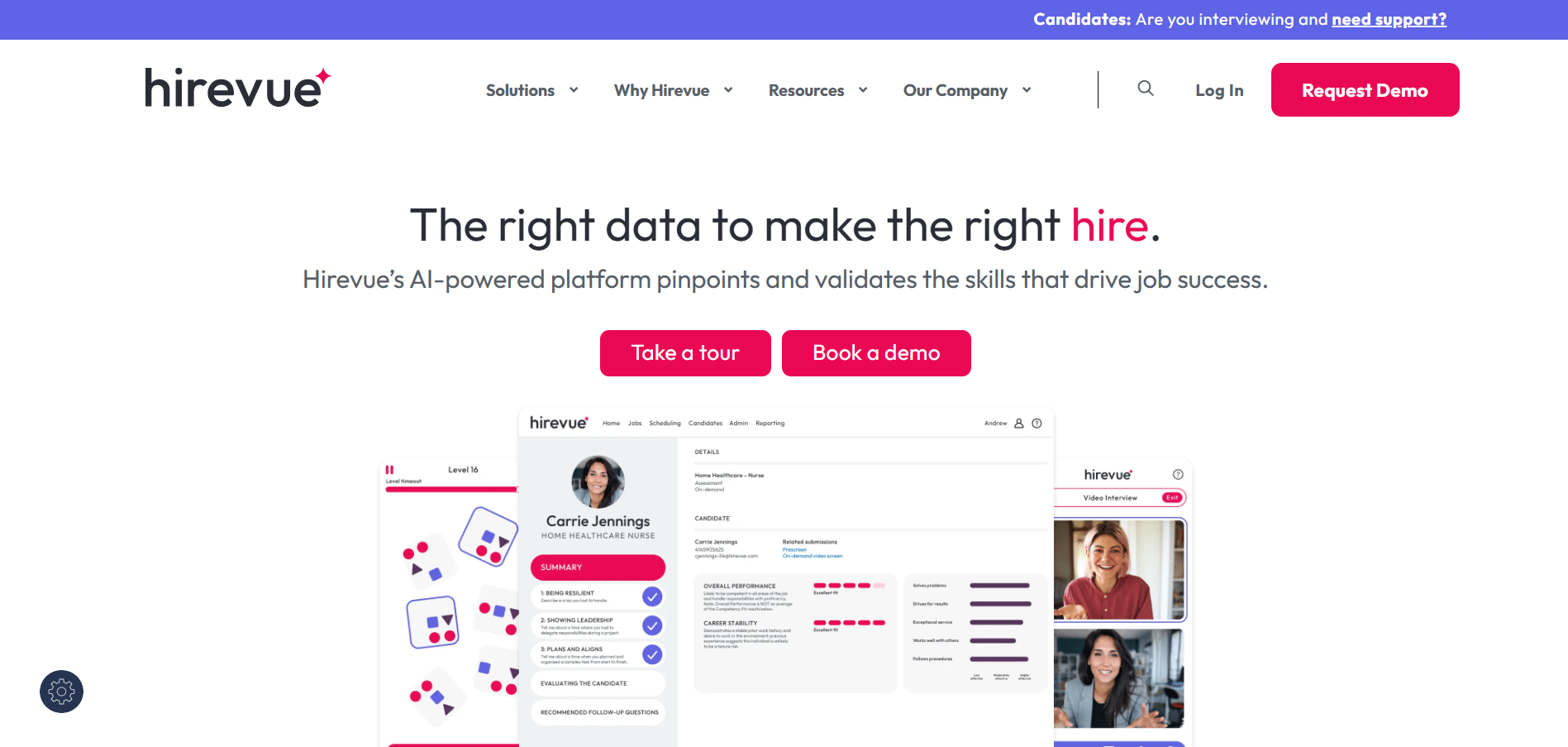 Plataforma de Hirevue mostrando entrevistas en video y evaluación de habilidades con inteligencia artificial para procesos de selección.