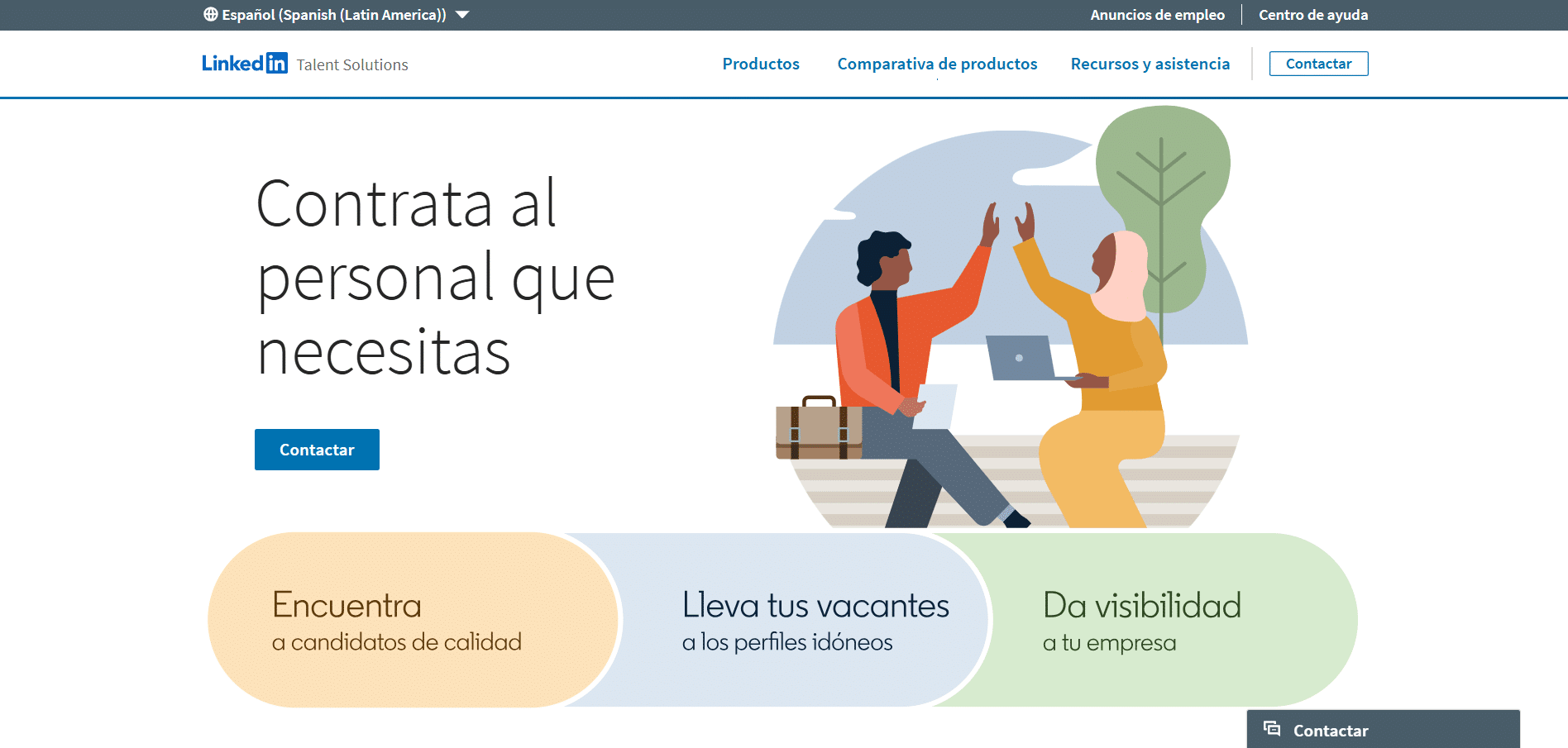 Pantalla de inicio de LinkedIn Talent Solutions mostrando el mensaje "Contrata al personal que necesitas" junto a ilustración de dos personas colaborando.