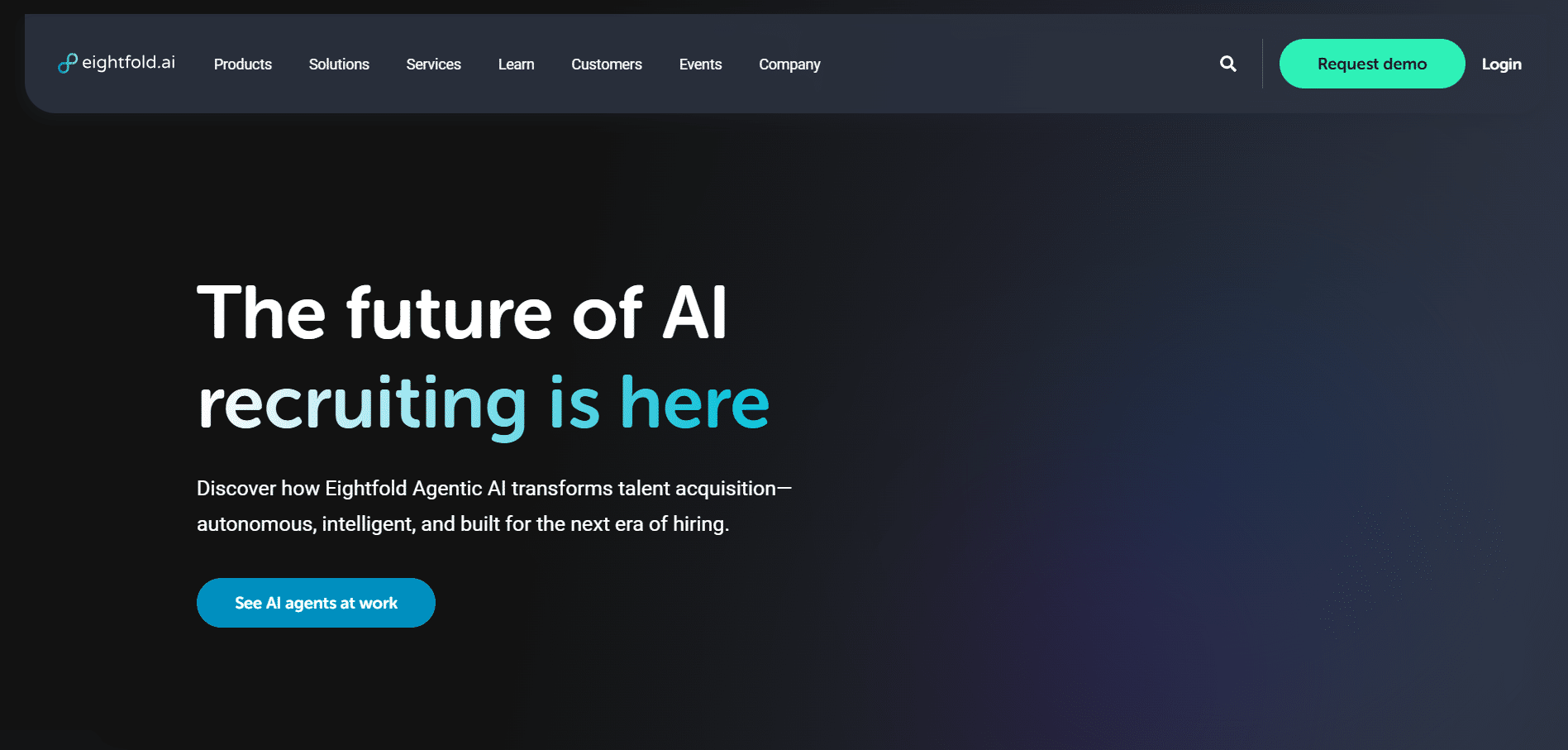 Pantalla principal de Eightfold.ai destacando su enfoque en el reclutamiento con inteligencia artificial y la nueva tecnología Agentic AI para transformar la adquisición de talento.