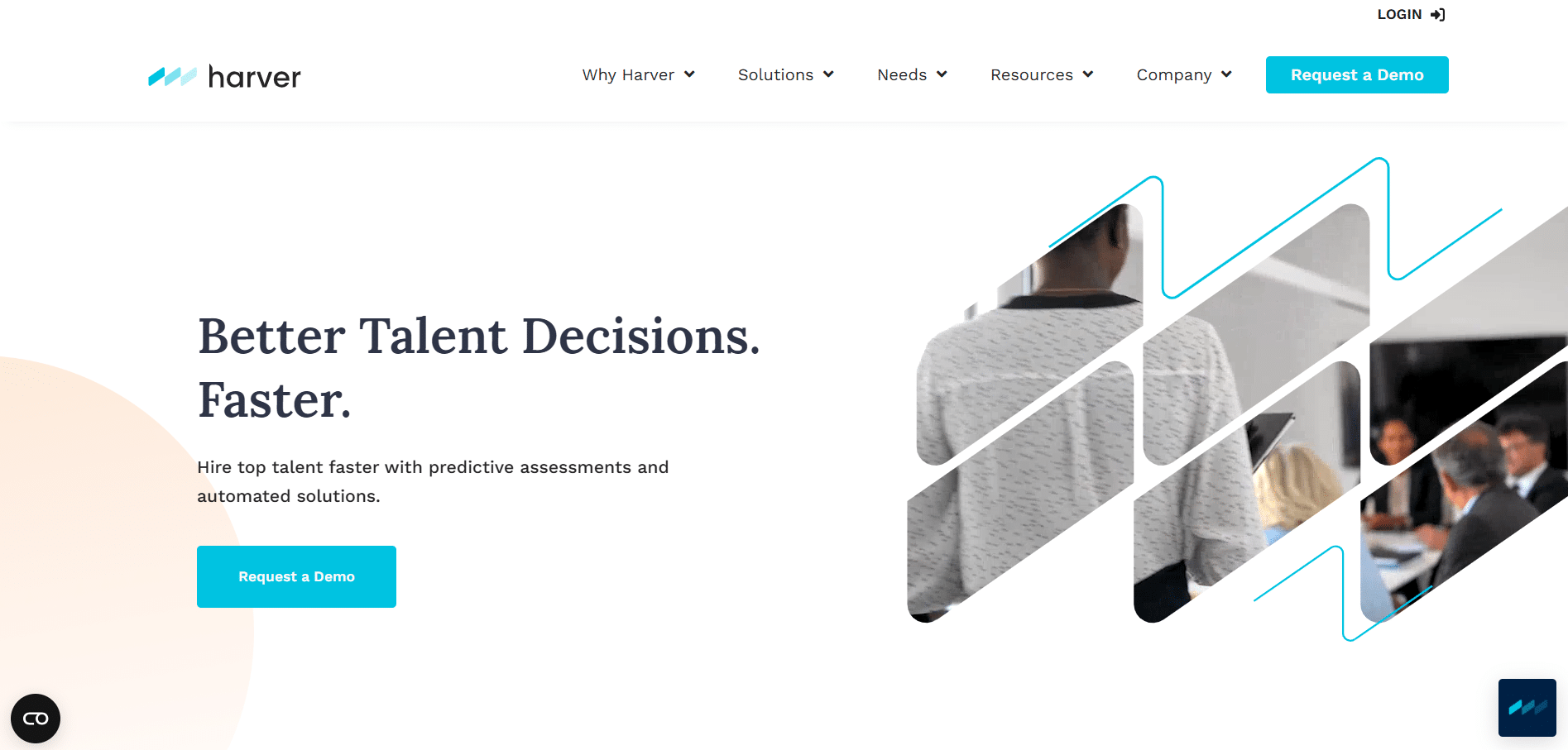 Página principal de Harver mostrando mensaje 'Better Talent Decisions. Faster.' y botón para solicitar una demostración de su plataforma de evaluación predictiva de talento