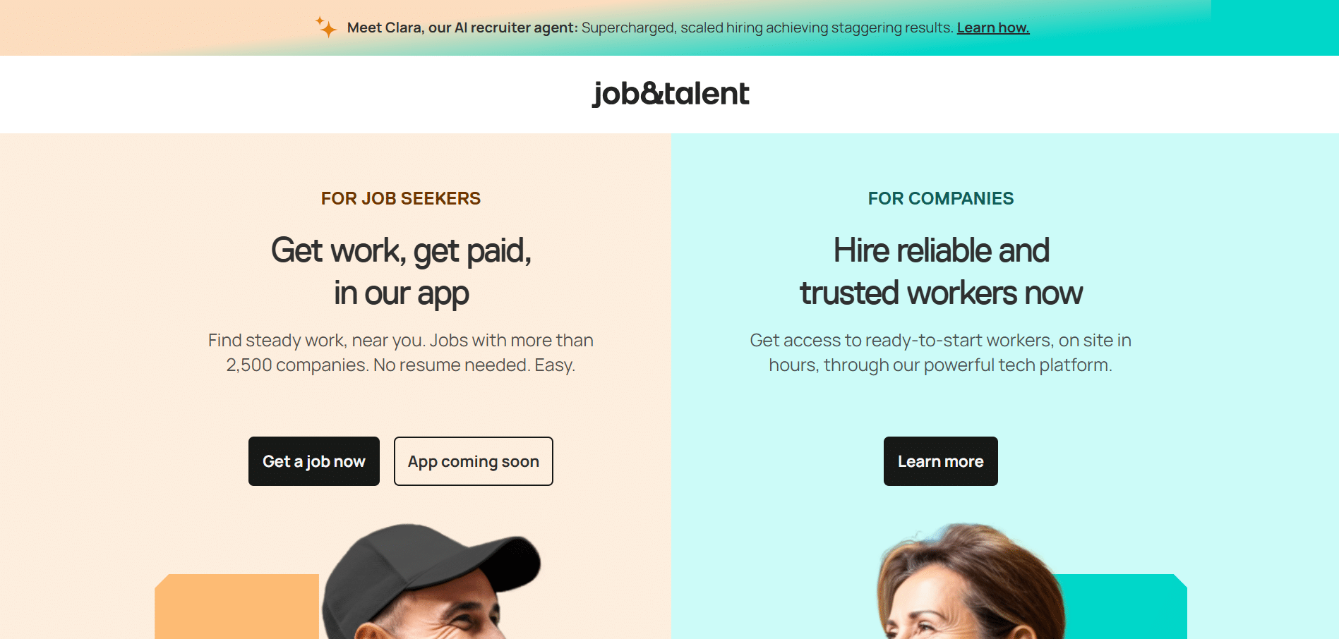 Captura de pantalla de la página principal de Jobandtalent que muestra dos secciones: una para candidatos que buscan empleo con el mensaje “Get work, get paid, in our app”, y otra para empresas con el mensaje “Hire reliable and trusted workers now”