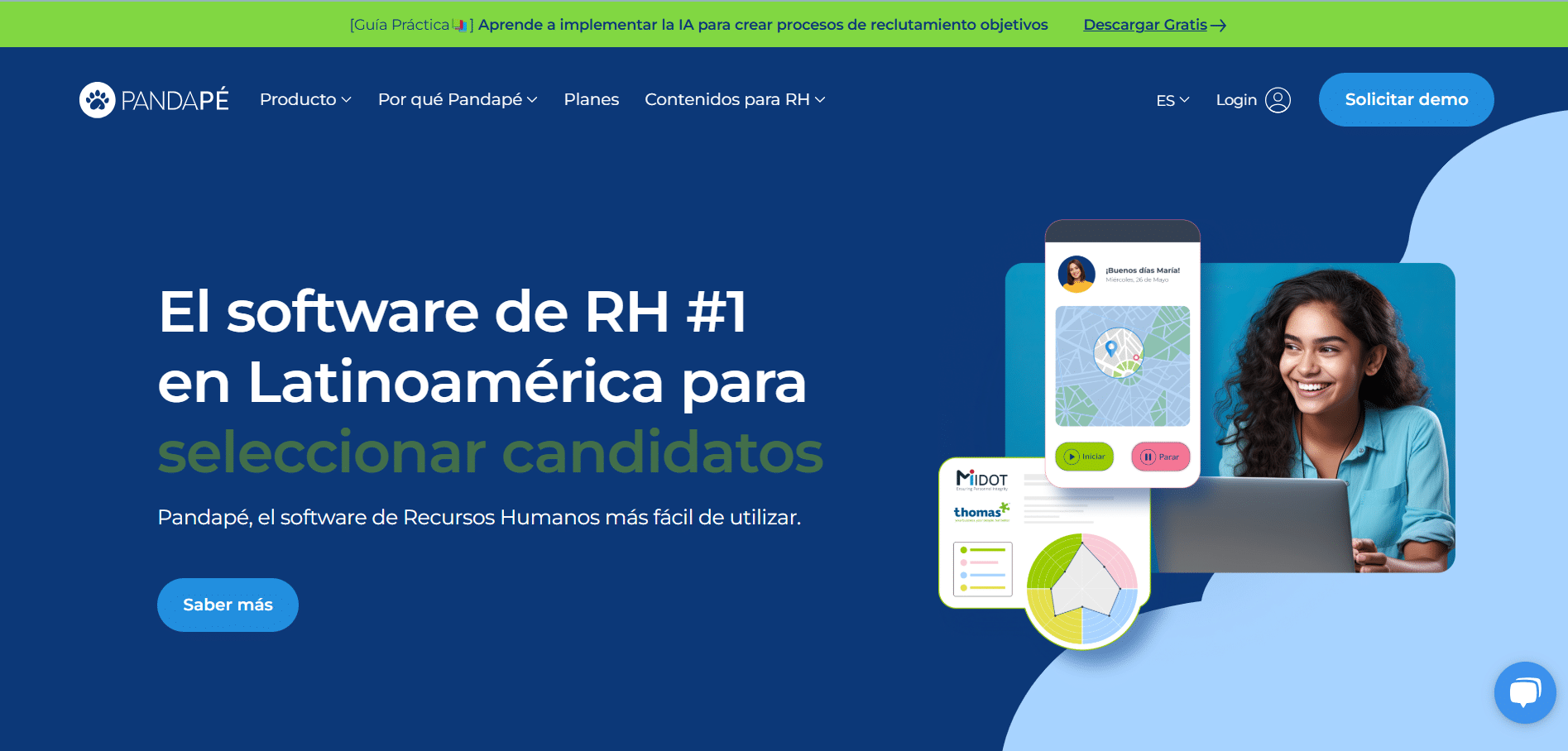 Captura de pantalla del sitio web de Pandapé que destaca su software de Recursos Humanos número uno en Latinoamérica para seleccionar candidatos, con interfaz moderna y elementos visuales de reclutamiento digital.