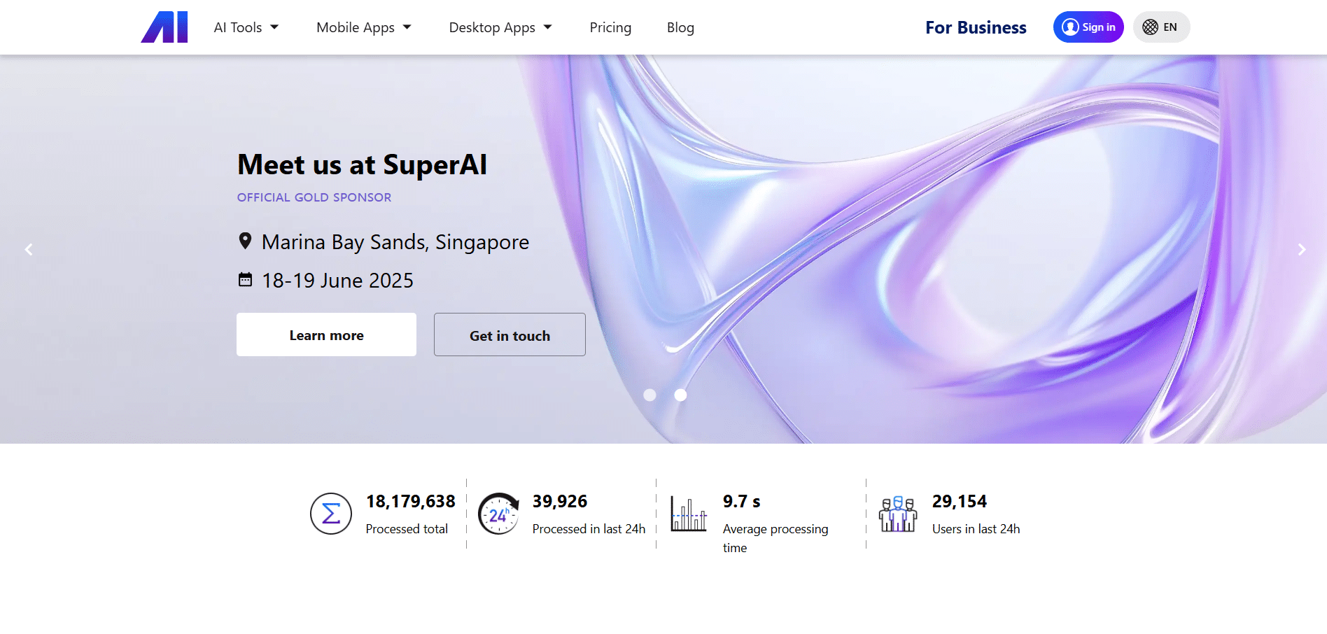Banner de inicio de Nero AI con anuncio de participación en SuperAI 2025 en Singapur, mostrando estadÃsticas de uso como imágenes procesadas y tiempo promedio.