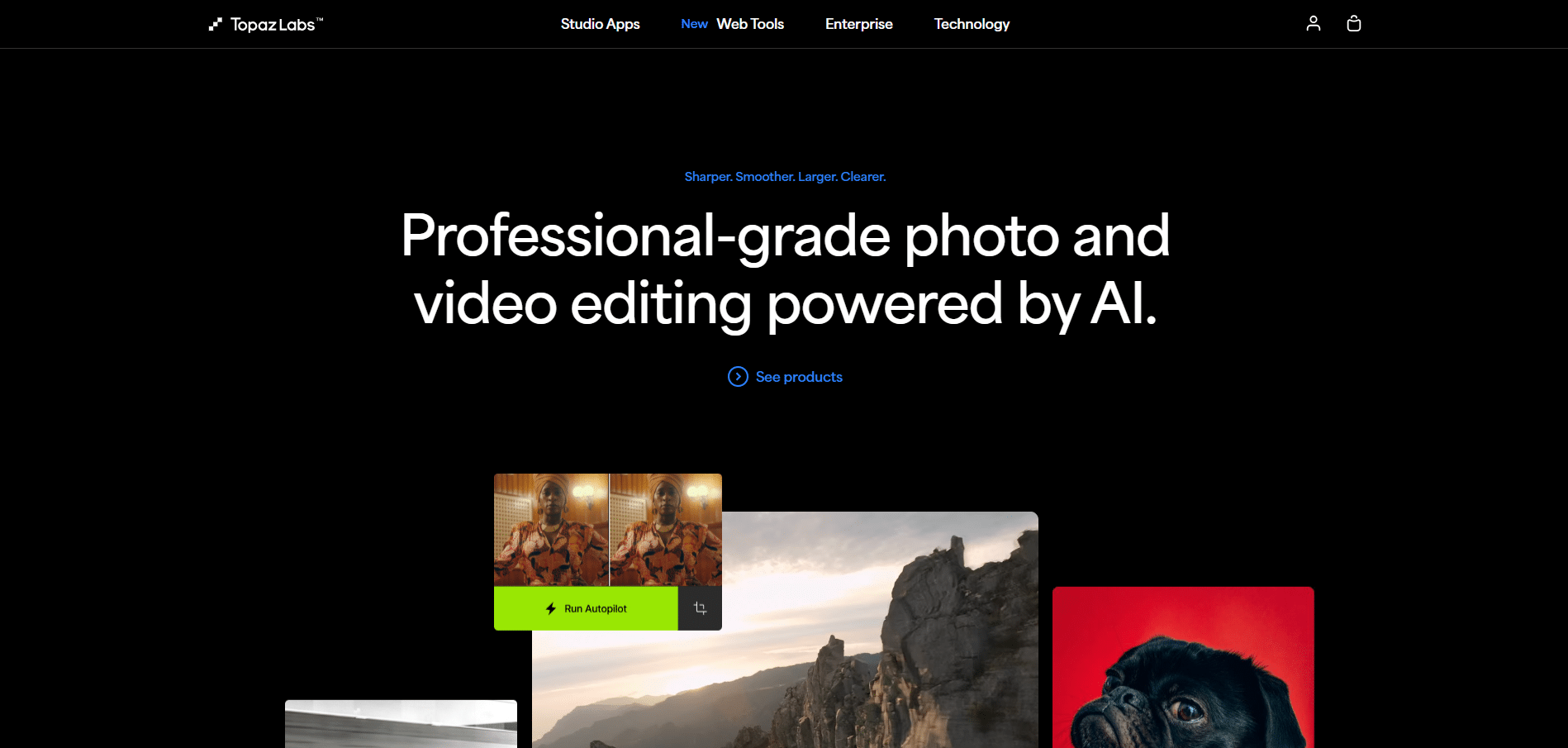 PÔgina principal de Topaz Labs mostrando su lema sobre edición profesional de fotos y videos con IA, con ejemplos visuales de mejora de imagen y video.