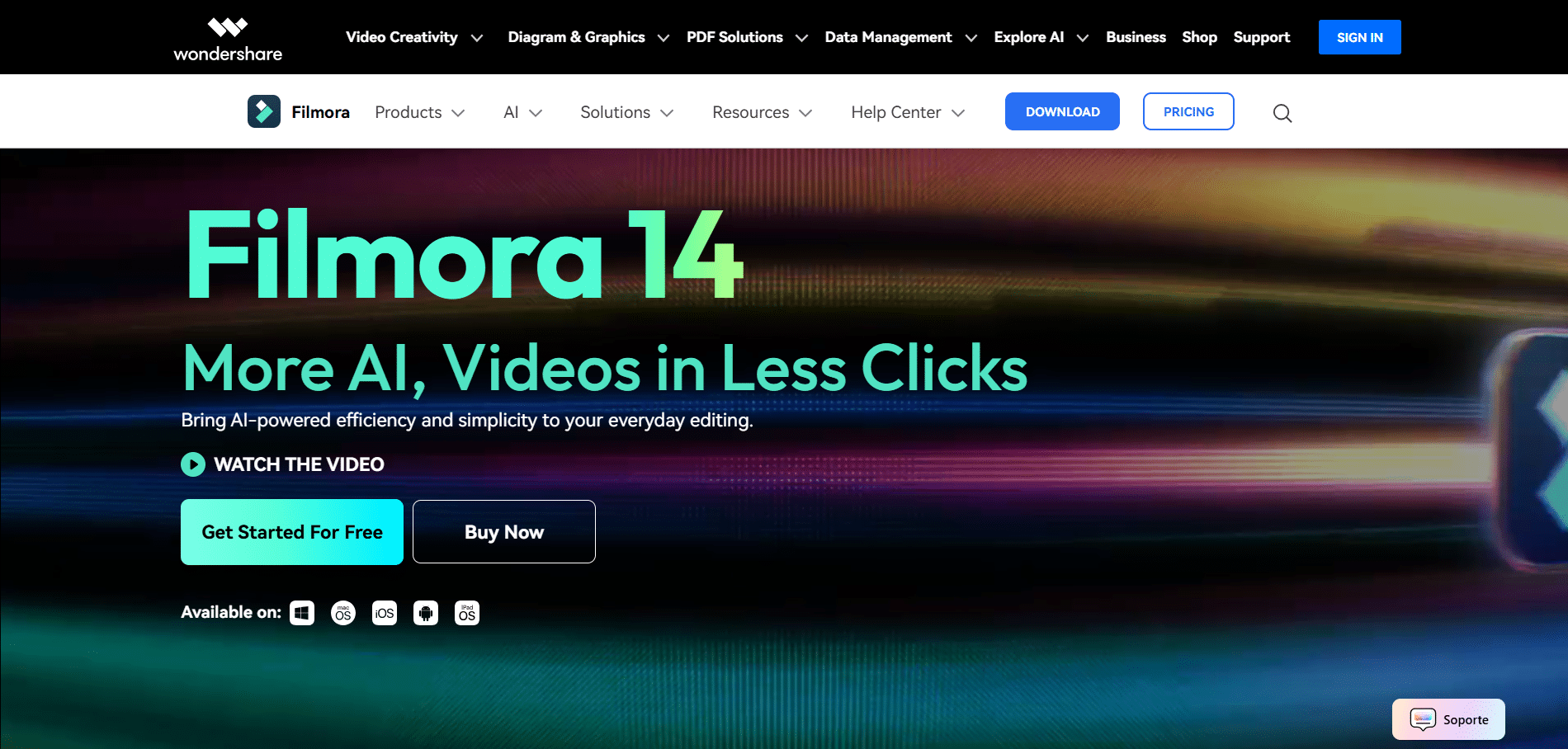 Página principal de Wondershare Filmora 14 con el eslogan "More AI, Videos in Less Clicks", opciones de descarga gratuita o compra, y compatibilidad con Windows, macOS, iOS y Android.