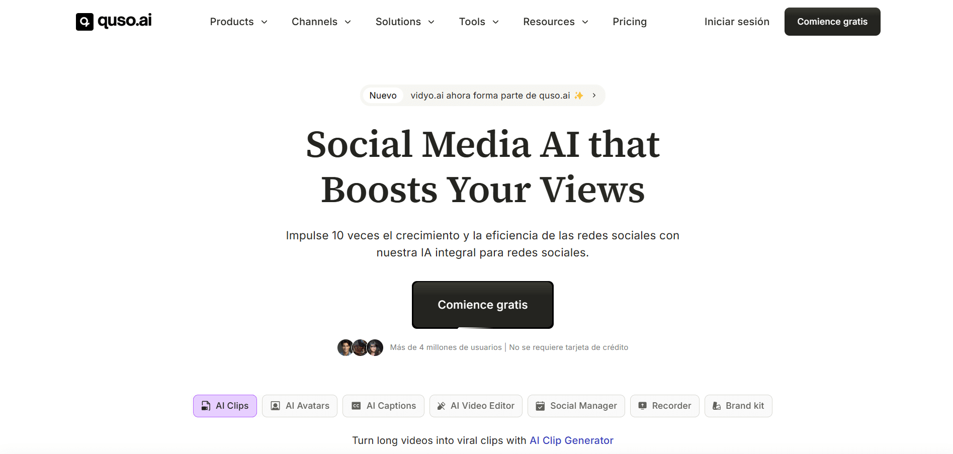 PĆ”gina de inicio de quso.ai mostrando su mensaje principal āSocial Media AI that Boosts Your Viewsā y opciones de herramientas como AI Clips, AI Avatars y AI Video Editor.