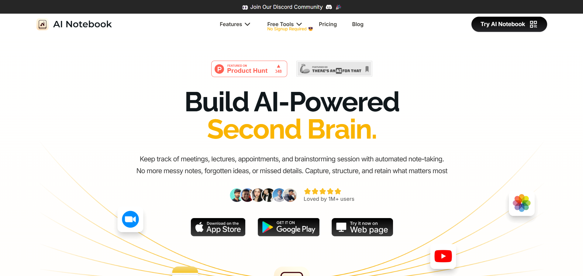 Página principal de AI Notebook destacando su función como segundo cerebro inteligente, con acceso desde App Store, Google Play y versión web, e integración con herramientas como Zoom, YouTube e imágenes.