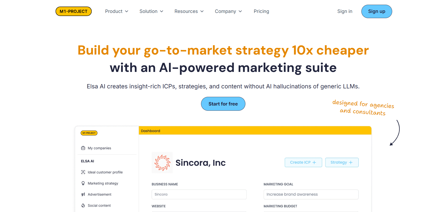 Captura de pantalla de la pÔgina principal de Elsa AI mostrando su propuesta como suite de marketing impulsada por inteligencia artificial, destacando la creación de perfiles de cliente, estrategias y contenido para agencias y consultores.