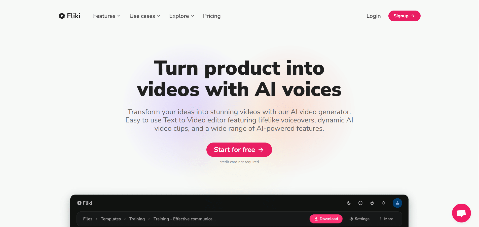 PÔgina principal de Fliki mostrando la opción de convertir productos en videos con voces generadas por IA y un botón para comenzar gratis