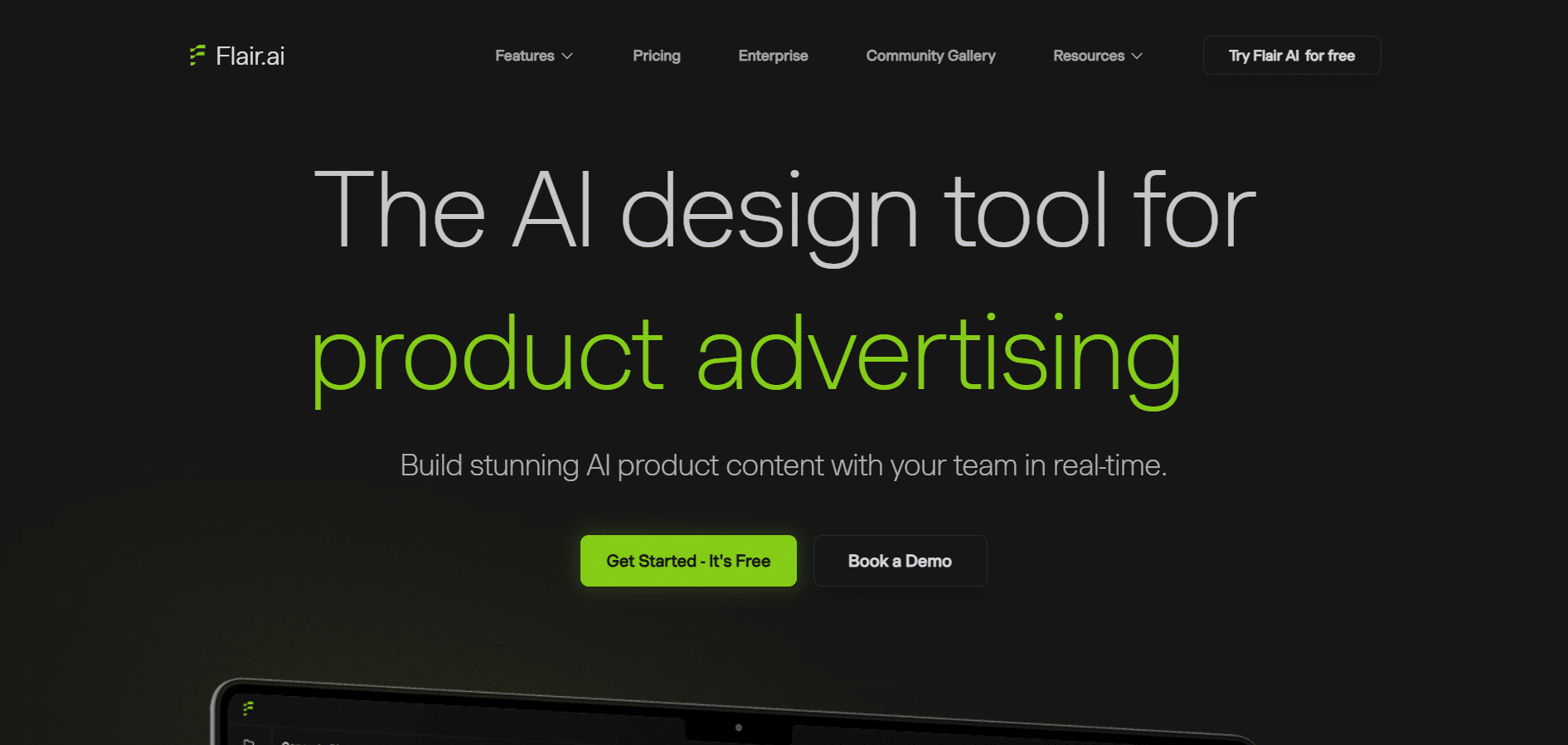 Página de inicio de Flair AI mostrando el mensaje "The AI design tool for product advertising" con botones para empezar gratis o agendar una demo.