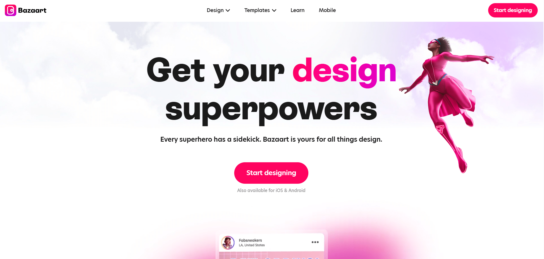 Diseño gráfico promocional de Bazaart con una figura femenina voladora en rosa y texto grande en blanco y negro sobre fondo de nubes.