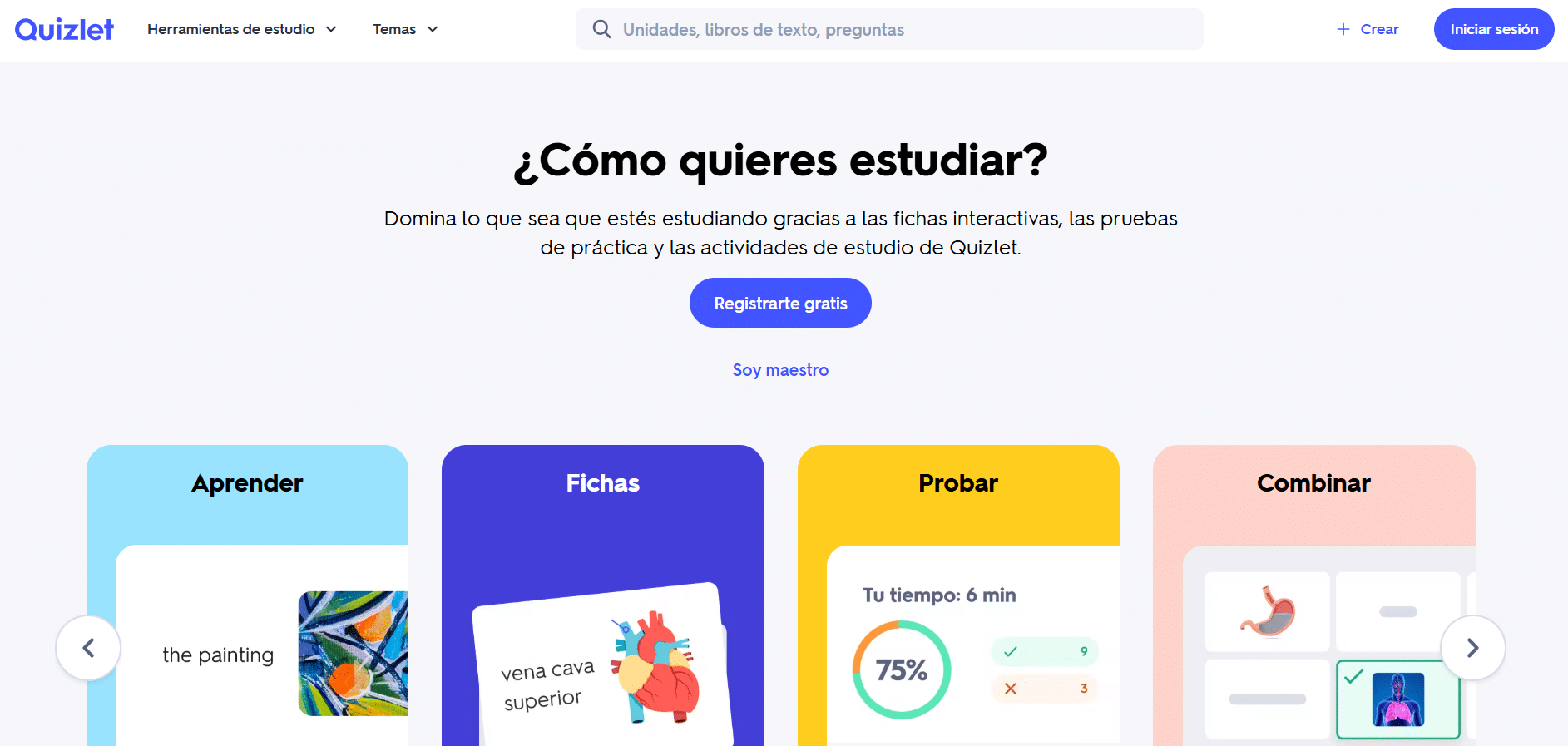 Interfaz de inicio de Quizlet en espaƱol con opciones de estudio como aprender, fichas, probar y combinar