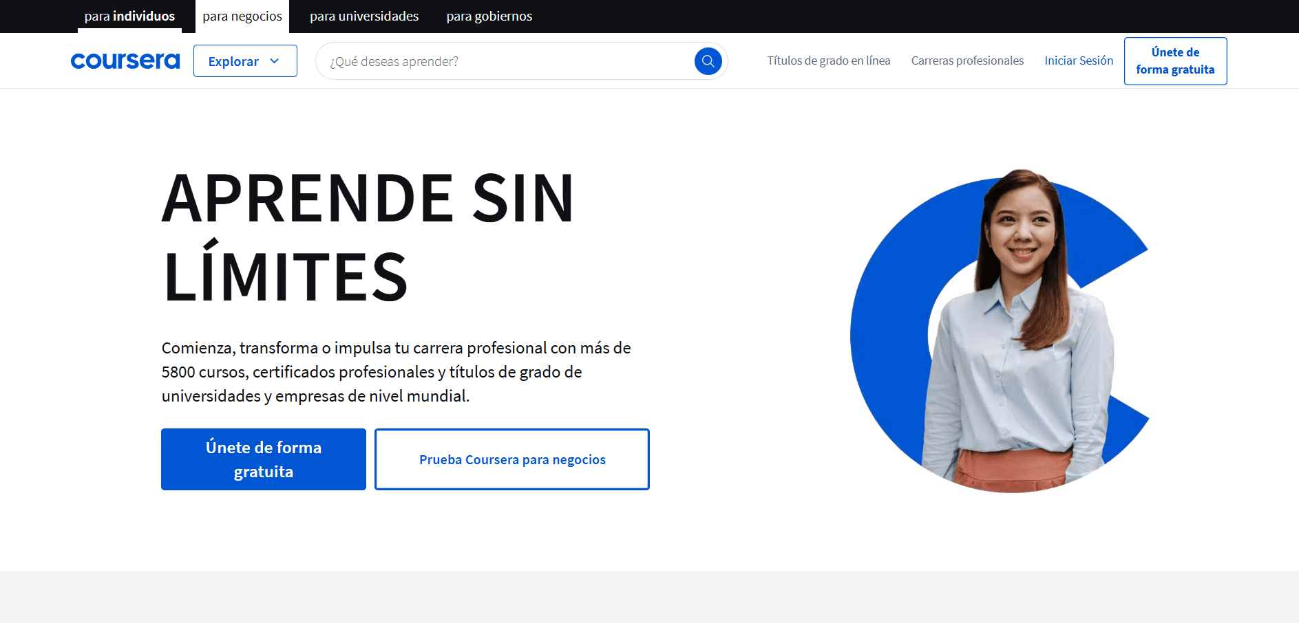 Página de inicio de Coursera en español con mensaje motivador y opciones para unirse gratis