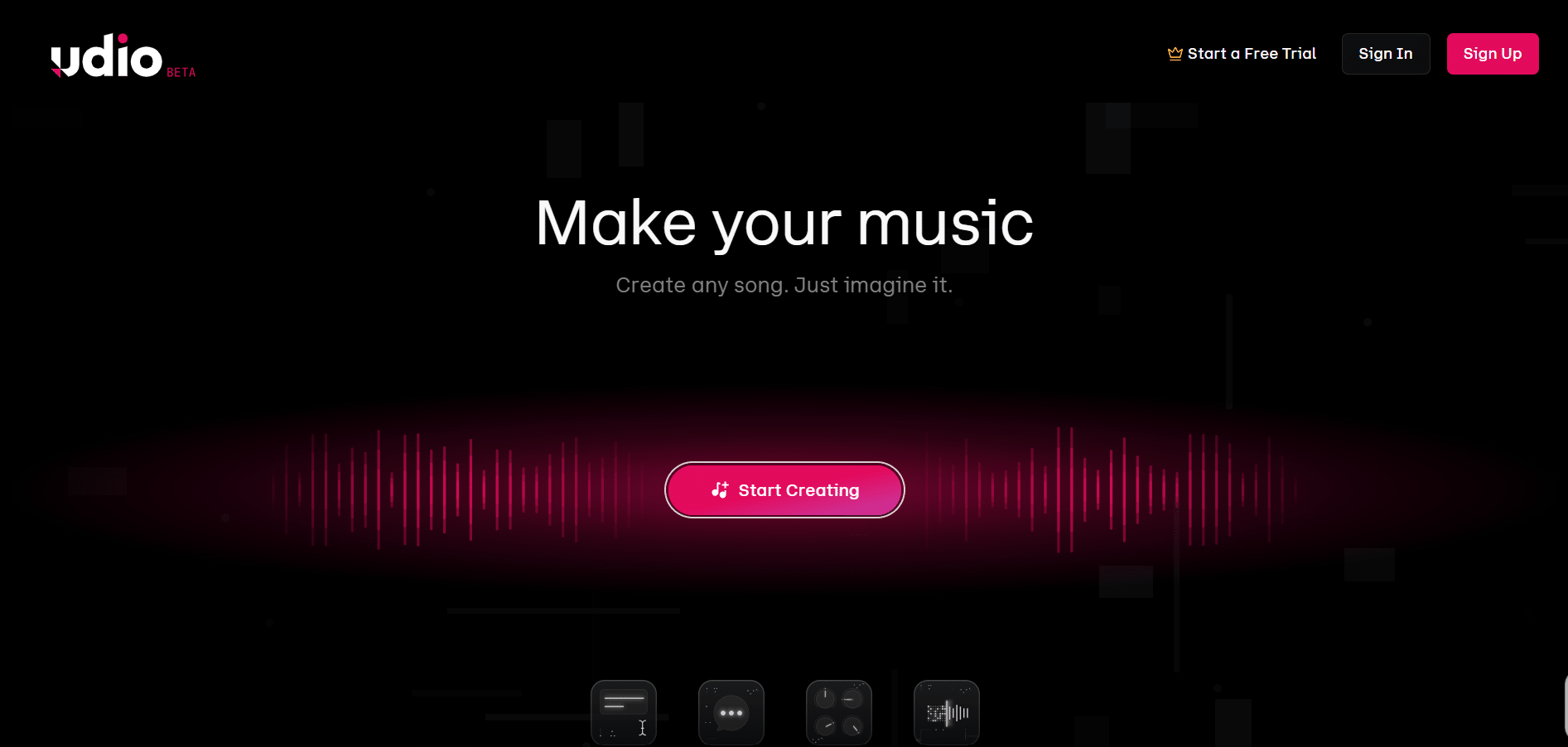 Pantalla de inicio de Udio con botón para crear música
