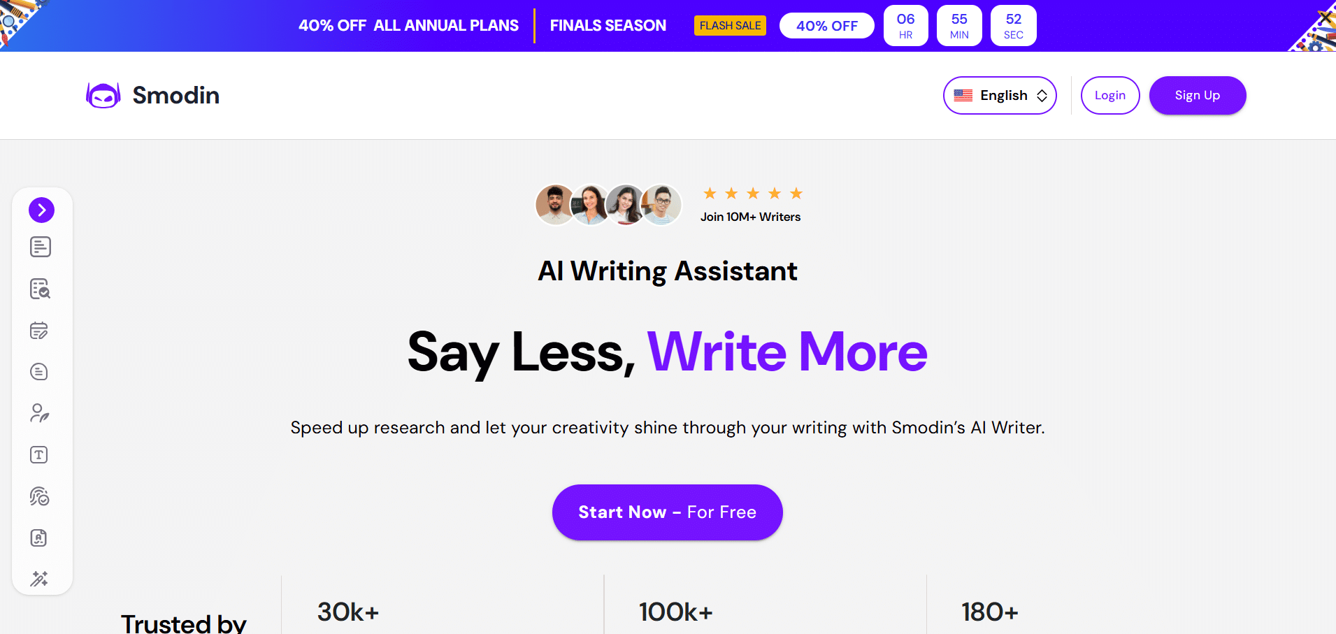 Página principal de Smodin con mensaje "Say Less, Write More" y acceso gratuito