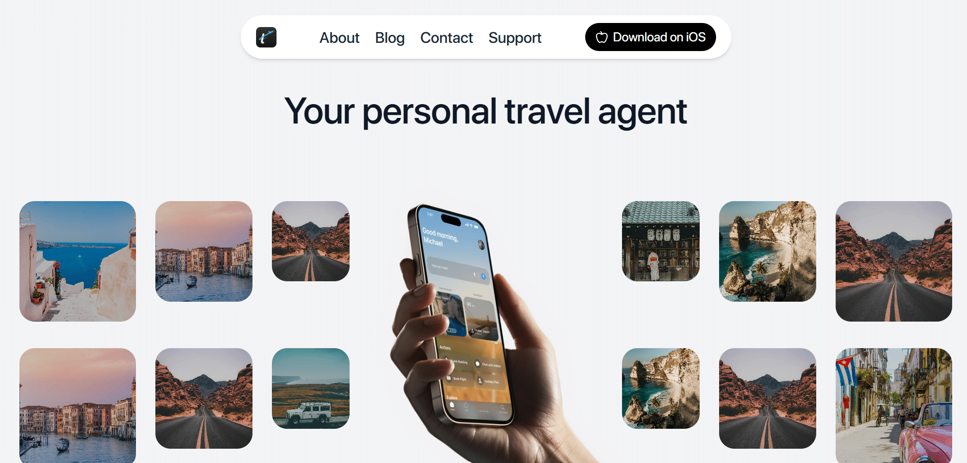 Interfaz móvil de Smartrip mostrando un asistente de viajes personalizado, rodeado de imágenes turísticas de destinos internacionales.