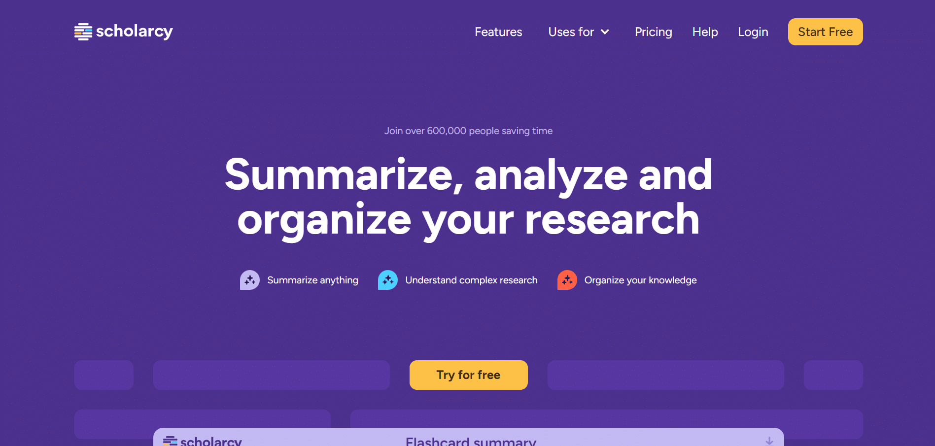 Página principal de Scholarcy mostrando el mensaje “Summarize, analyze and organize your research” junto a opciones para resumir, comprender y organizar información académica.