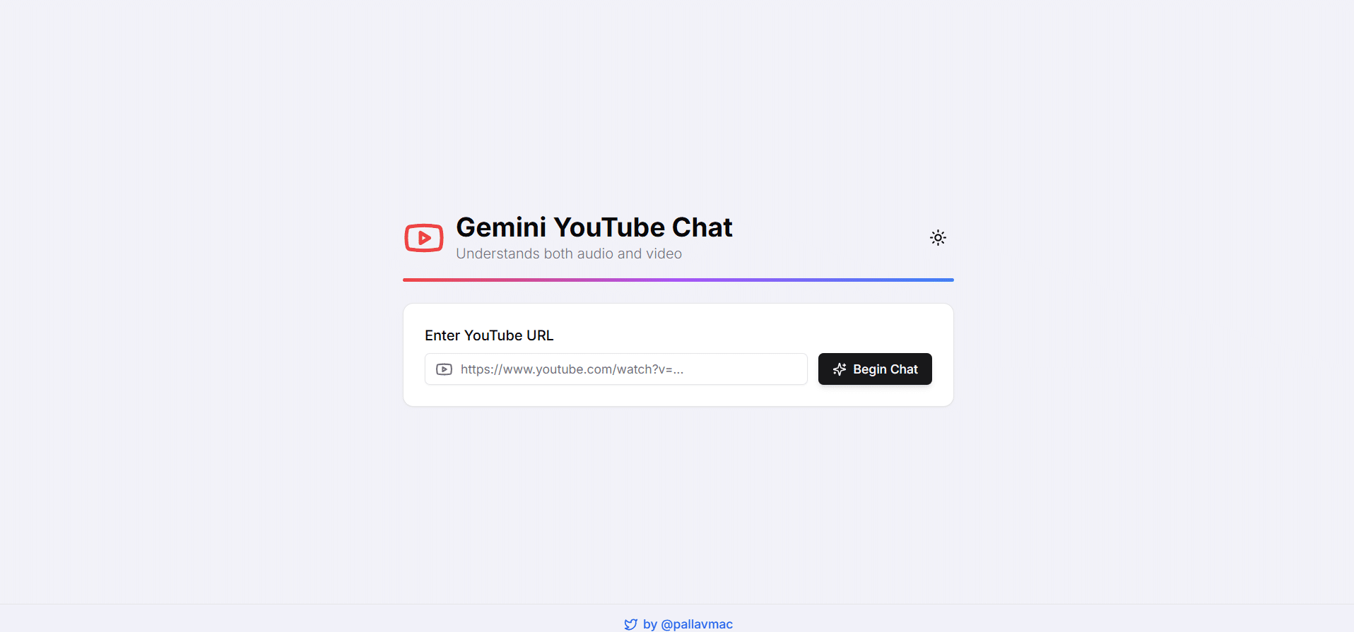 Interfaz principal de Gemini YouTube Chat con campo para ingresar enlace de video y botón para iniciar el chat