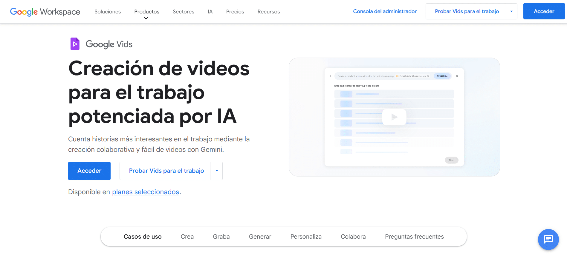 Página principal de Google Vids mostrando la creación de videos para el trabajo con ayuda de Gemini en Google Workspace.
