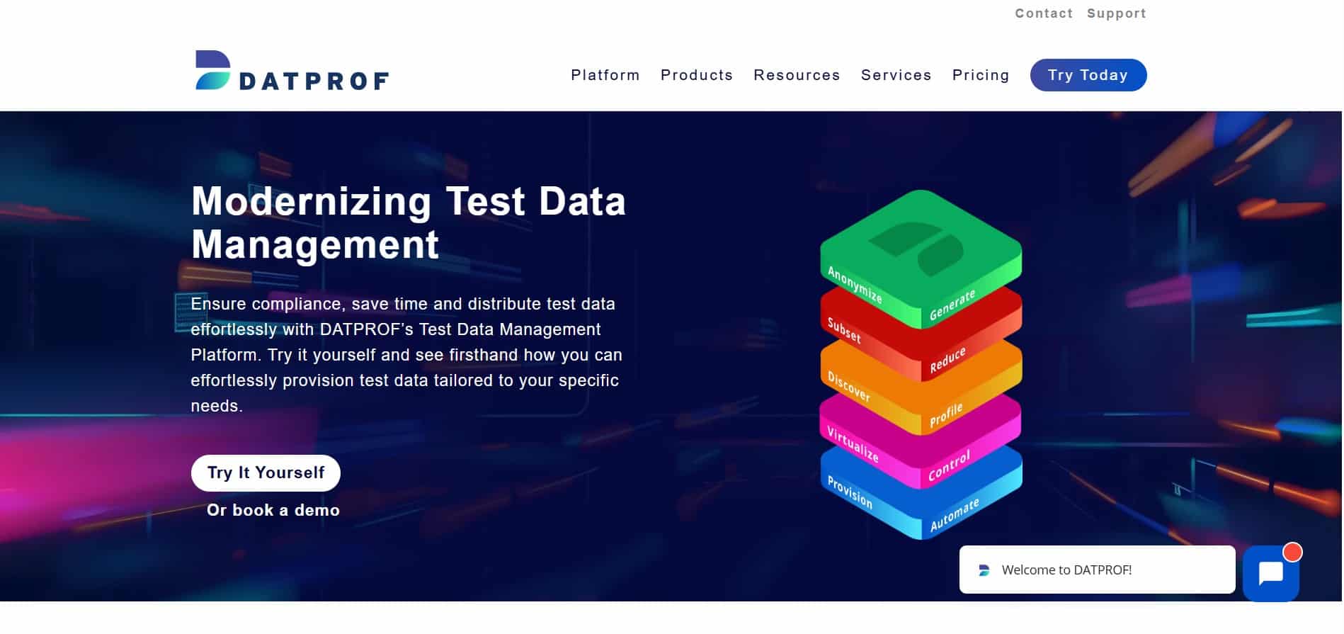 Interfaz principal de DATPROF mostrando funciones clave como anonimizar, generar y automatizar datos de prueba.