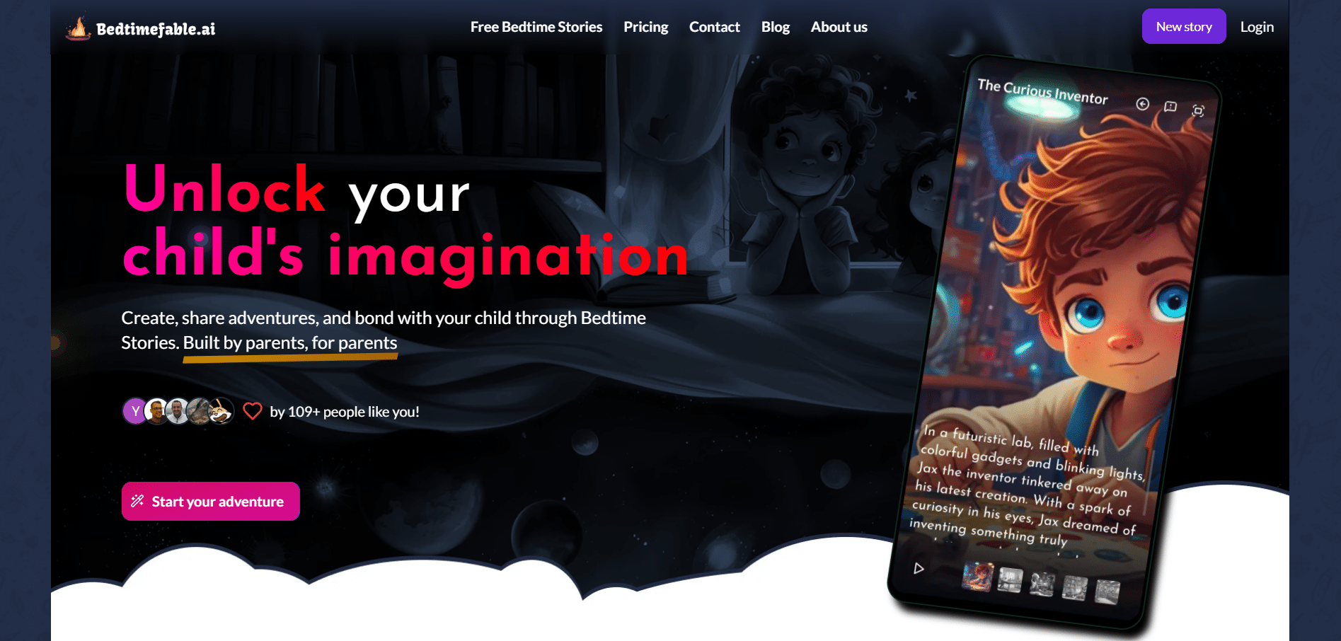Niño leyendo un cuento personalizado en BedtimeFable.ai en un entorno mágico y futurista.