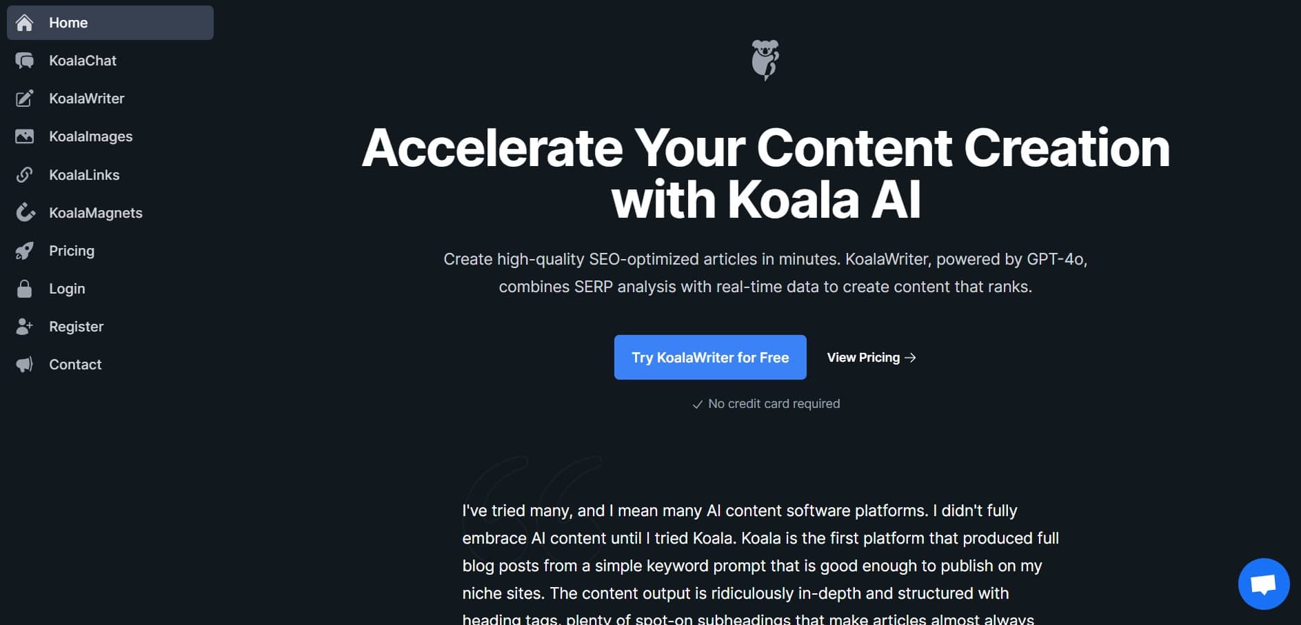 Interfaz principal de Koala mostrando sus herramientas de redacción optimizada para contenido web.