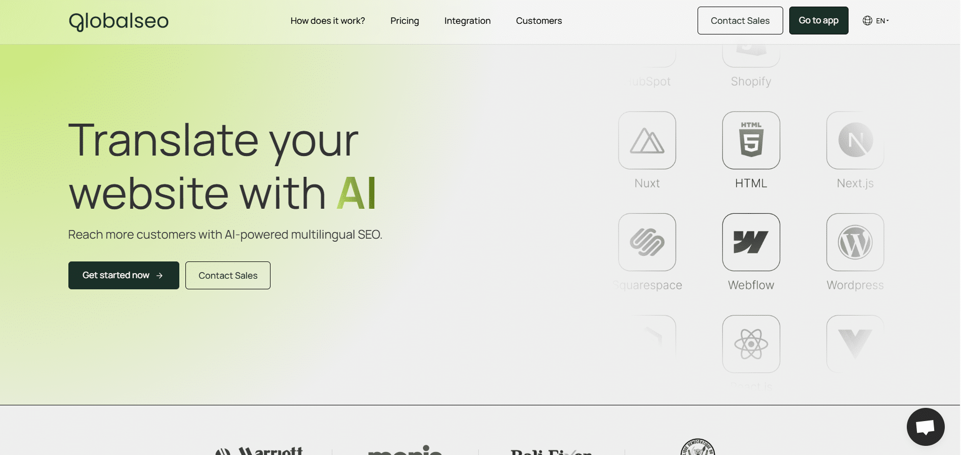 Interfaz principal de GlobalSEO con mensaje "Translate your website with AI" y botones de inicio