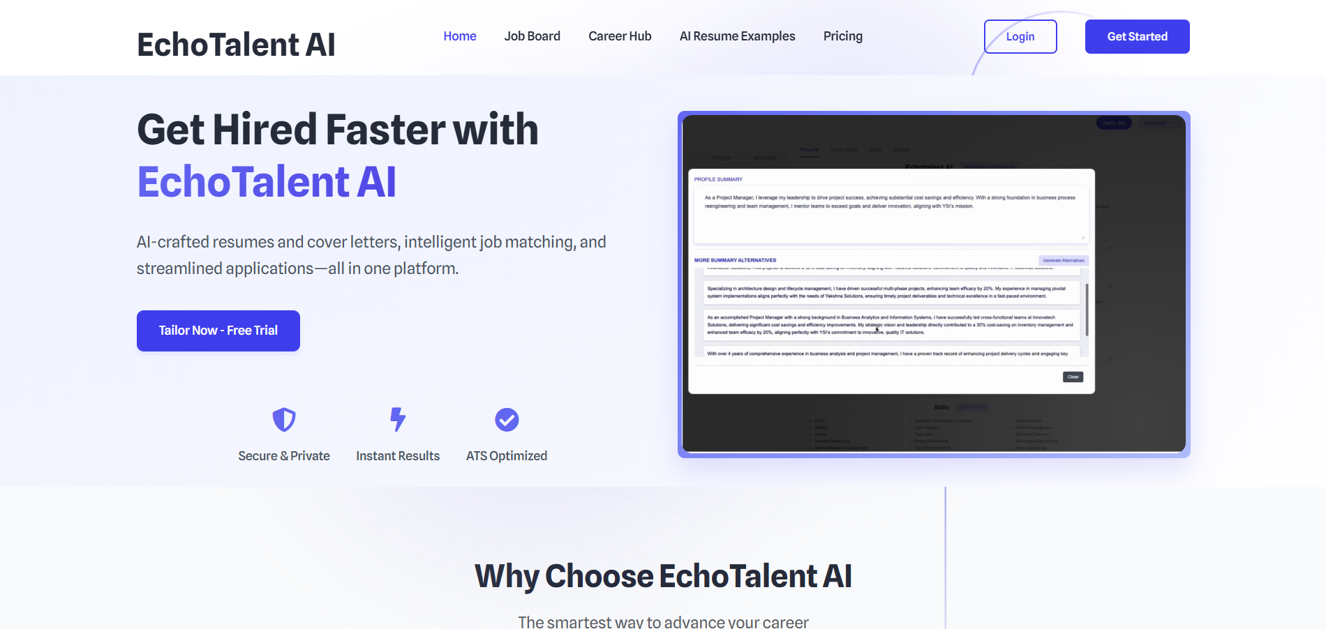 Vista previa de la página principal de EchoTalent con funciones destacadas como creación de currículum, emparejamiento de empleo y prueba gratuita.