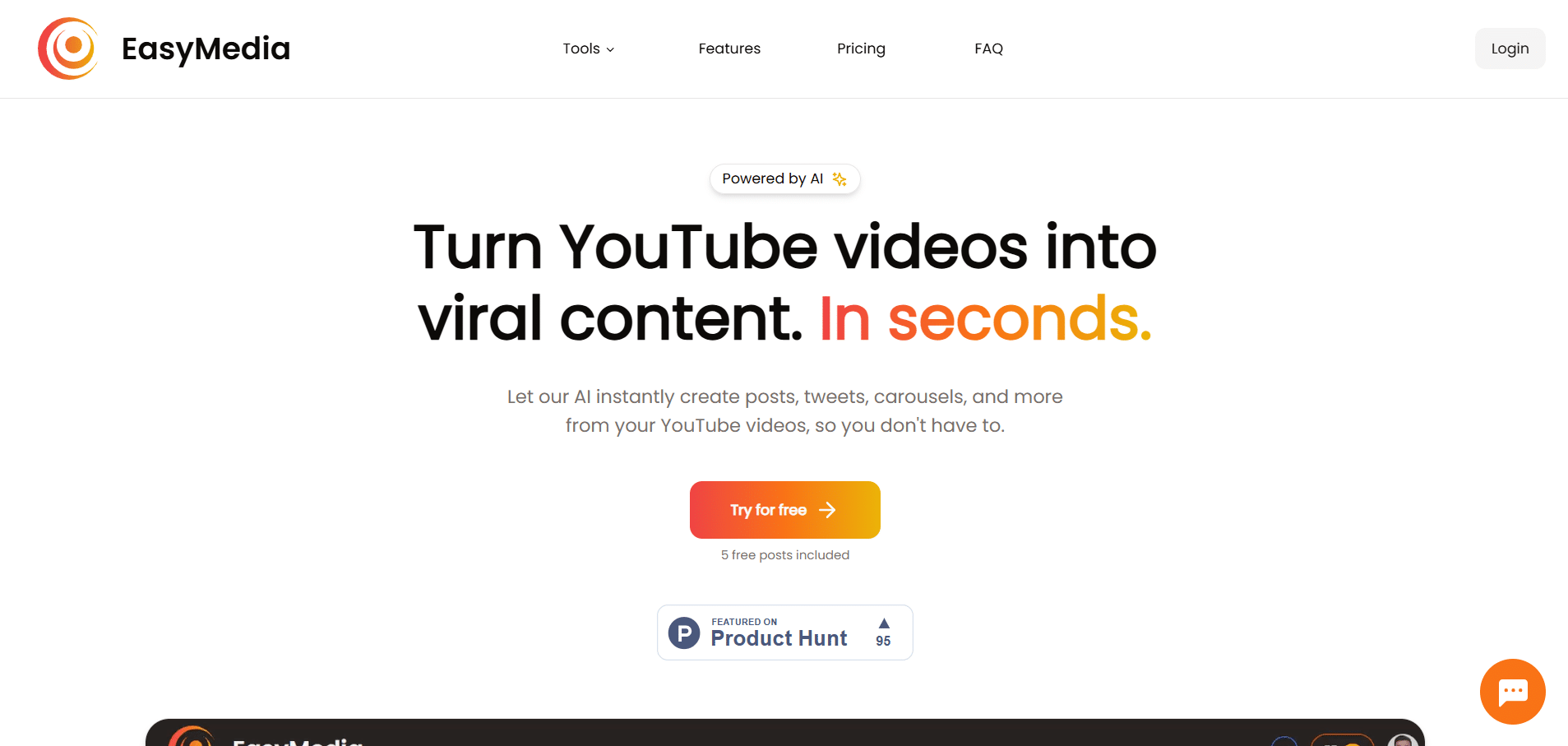 Pantalla de inicio de EasyMedia mostrando el mensaje “Convierte videos de YouTube en contenido viral en segundos” y un botón para probar gratis.
