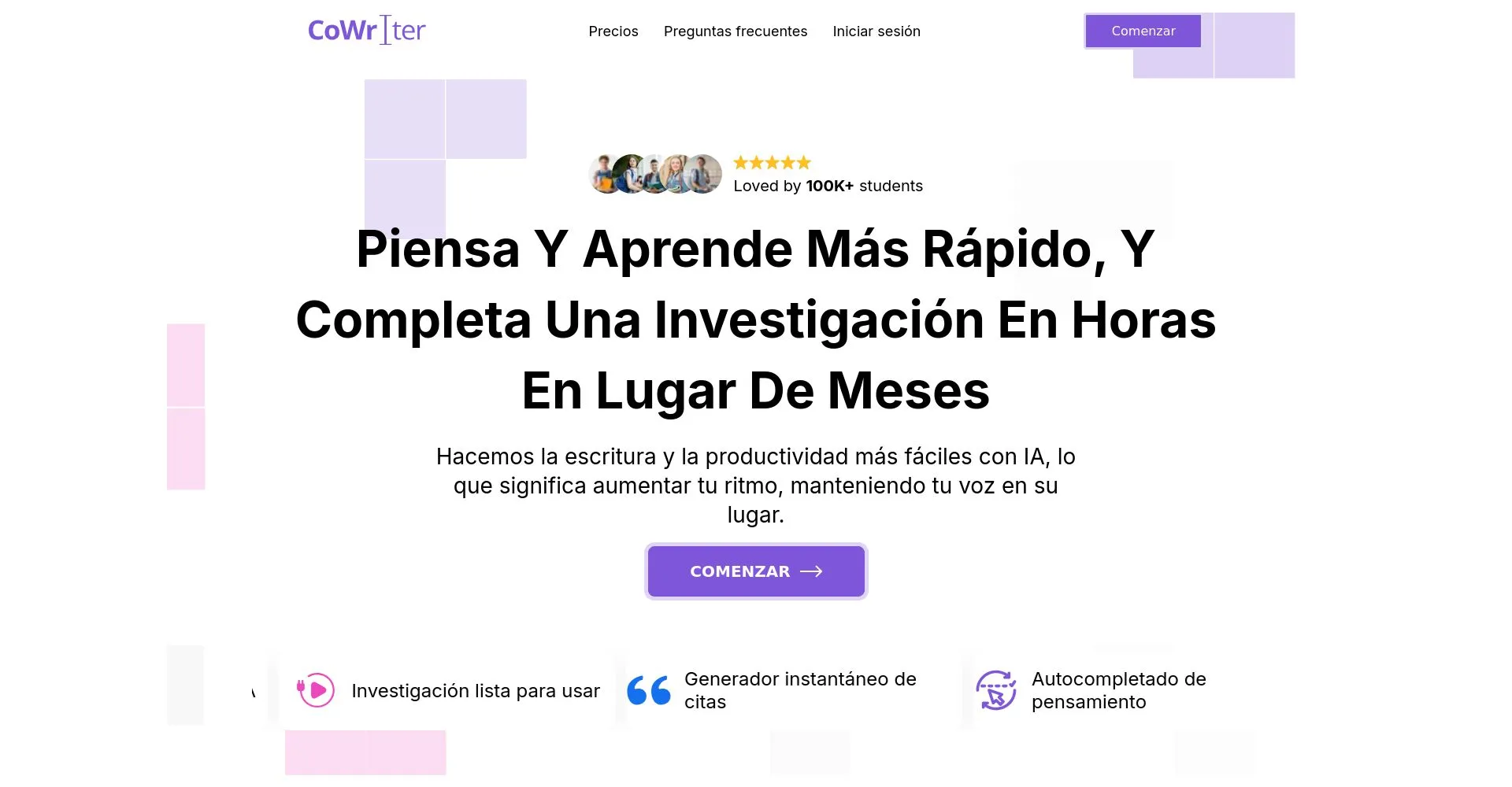 Captura de pantalla del sitio web de CoWrIter