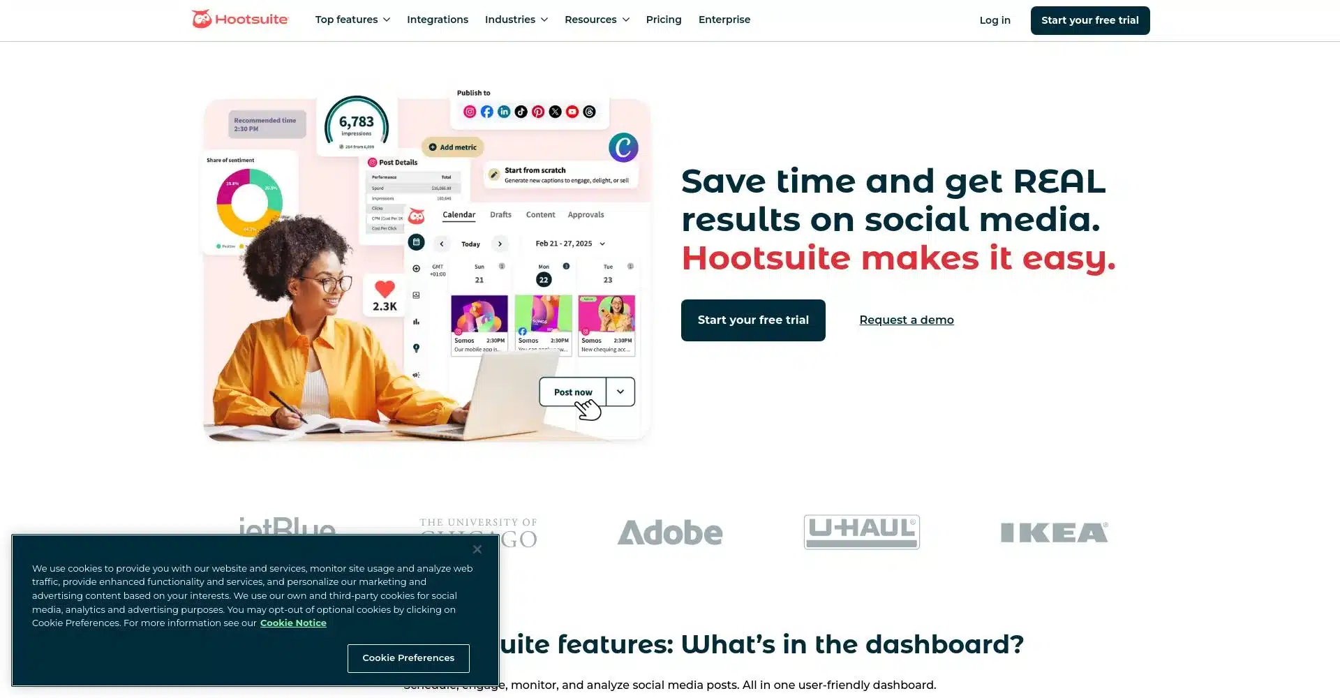 Interfaz de usuario de Hootsuite mostrando el manejo de redes sociales
