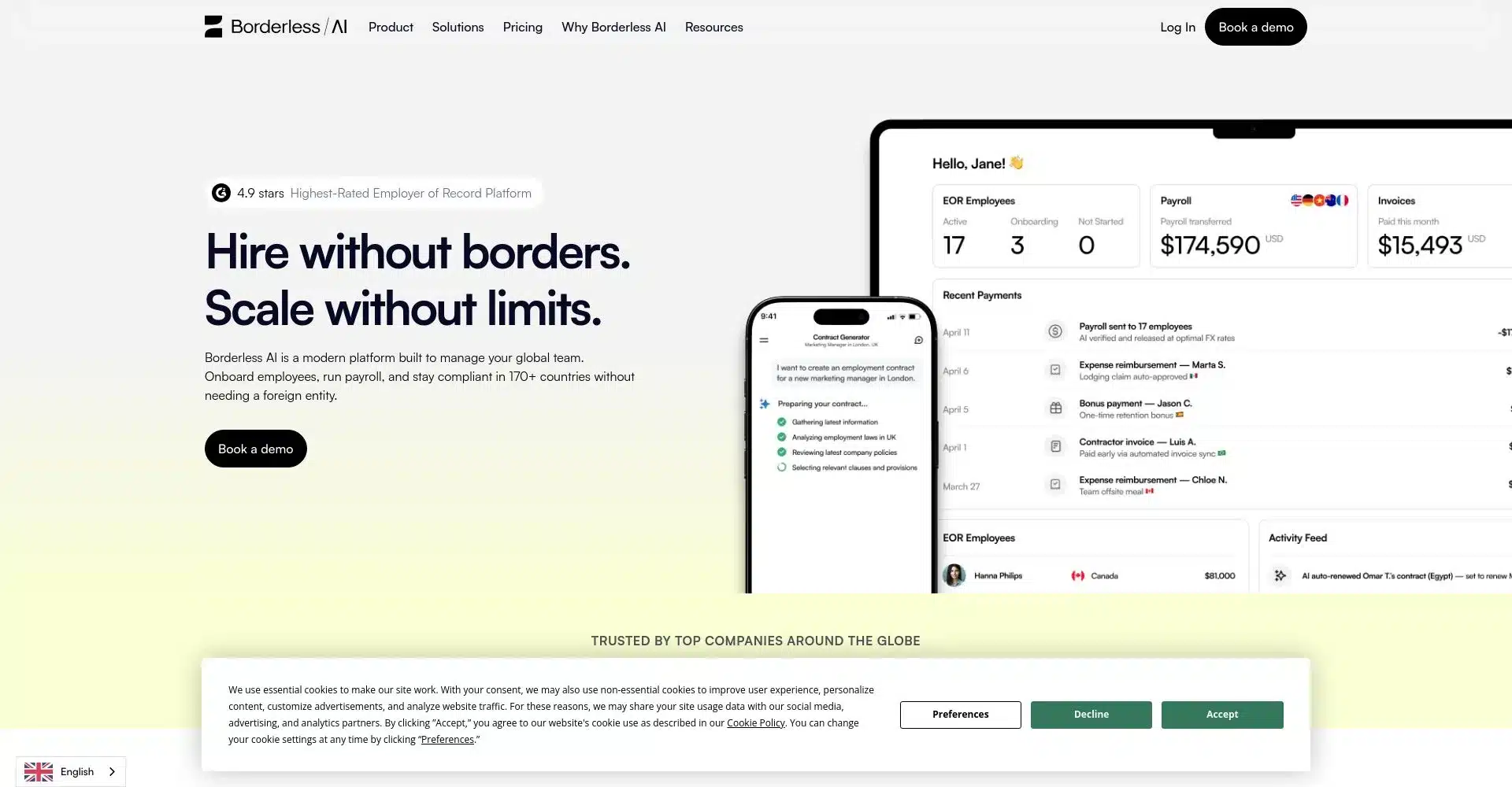 Interfaz de la plataforma Borderless AI para gestión de equipos globales