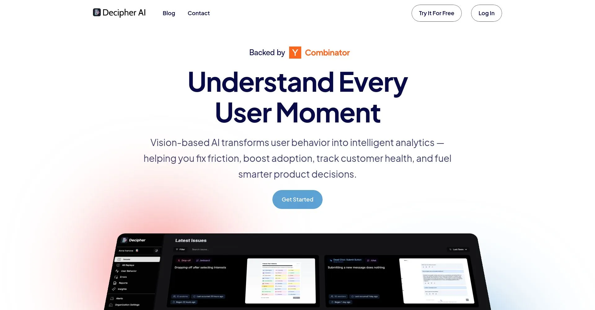 Interfaz del sitio web de Decipher AI respaldado por Y Combinator