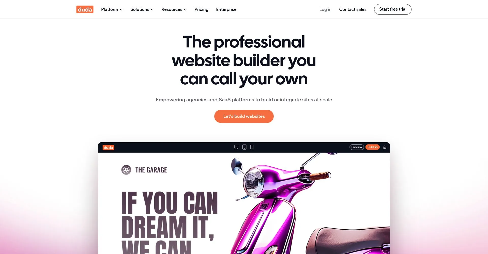 Página principal del constructor de sitios web Duda