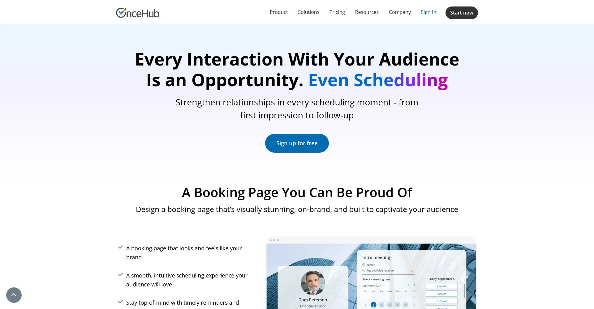 Página de inicio de OnceHub destacando oportunidades en la programación
