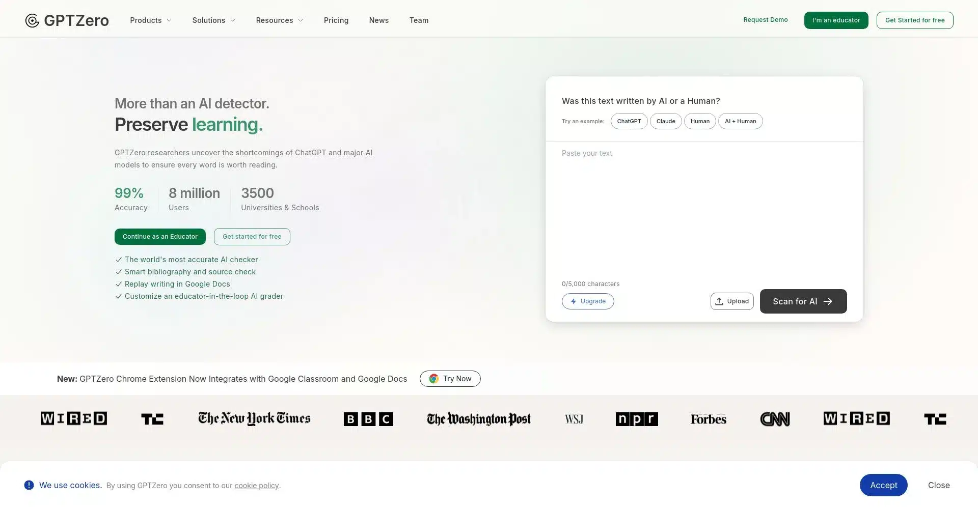 PĆ”gina principal de GPTZero mostrando sus caracterĆsticas y colaboradores