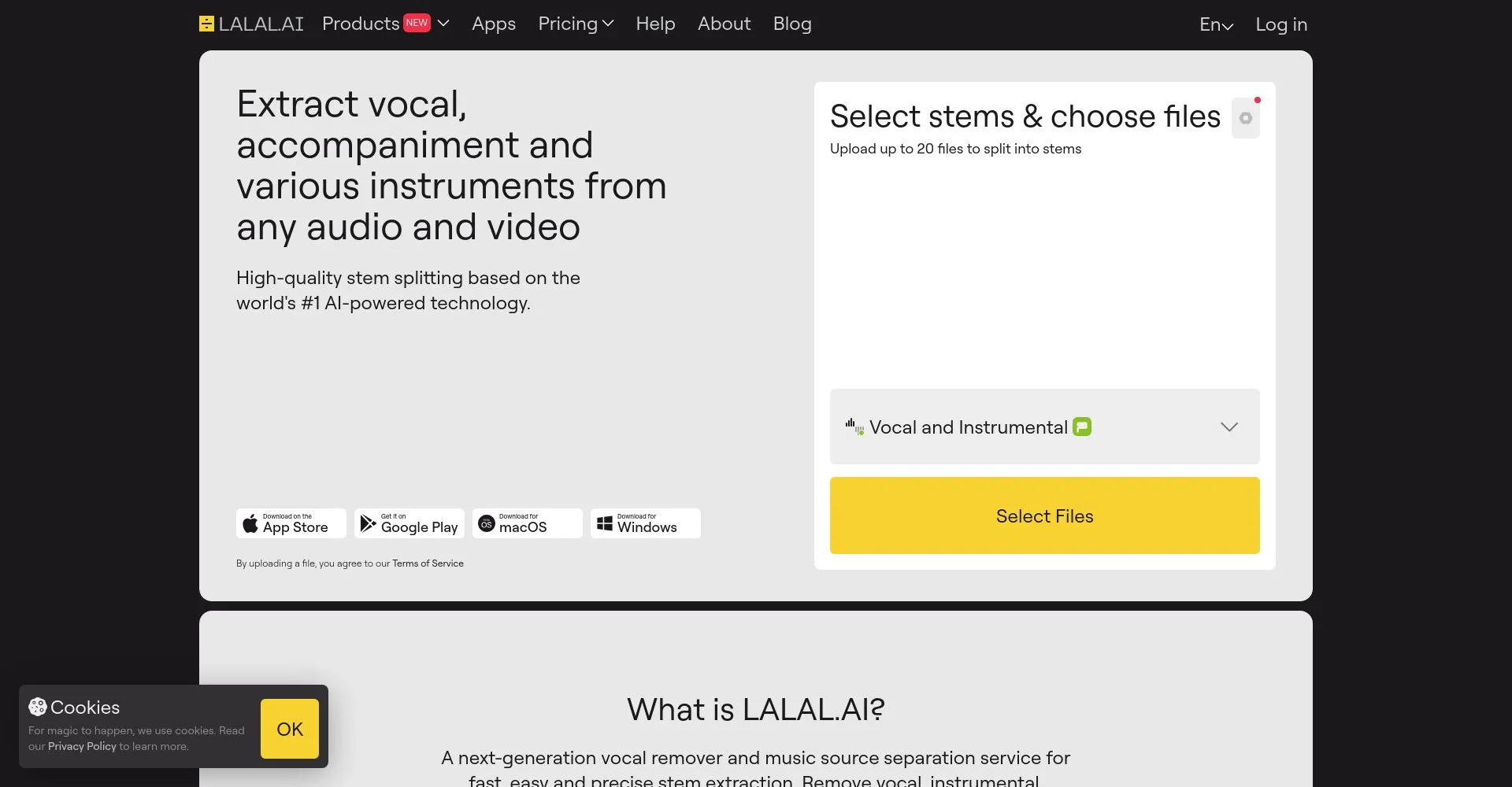 PÔgina de inicio de LALAL.AI para la separación de audio