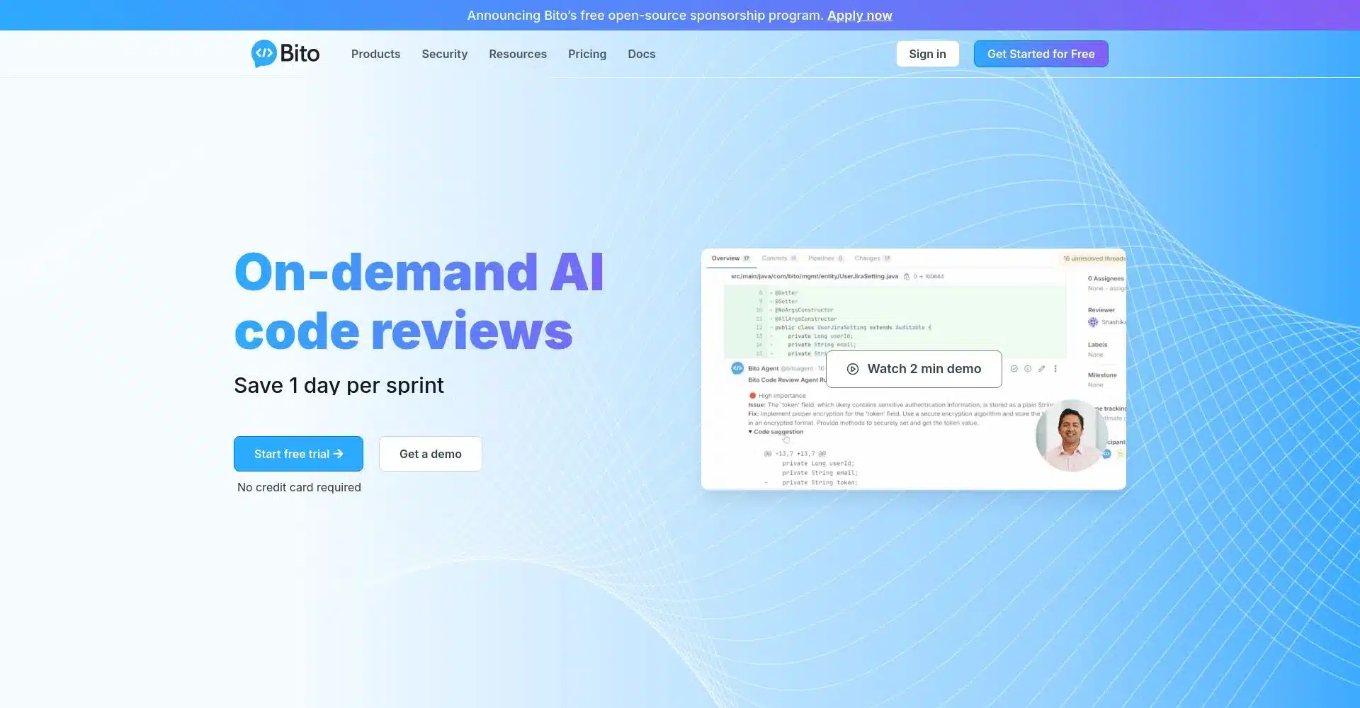 Captura de pantalla del sitio web de Bito AI con opciones de revisión de código