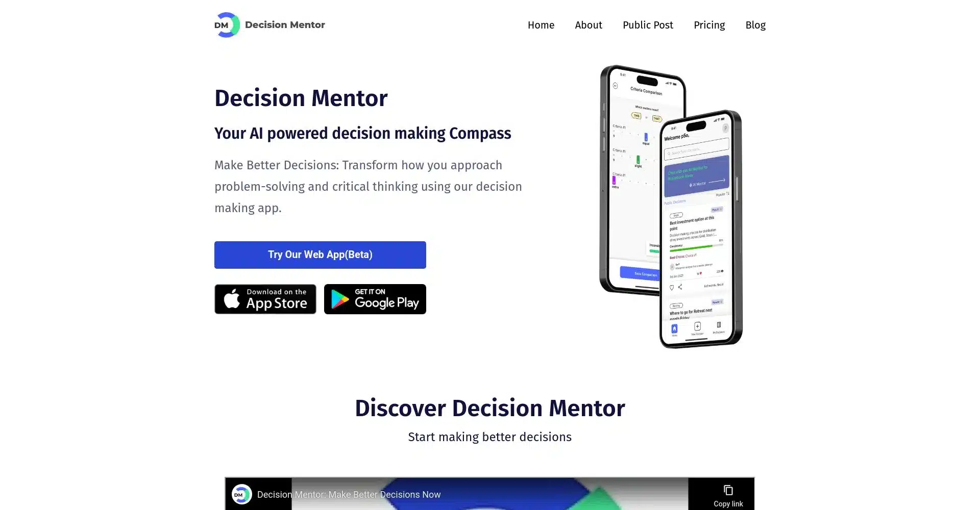 Pantalla de inicio de Decision Mentor con teléfonos