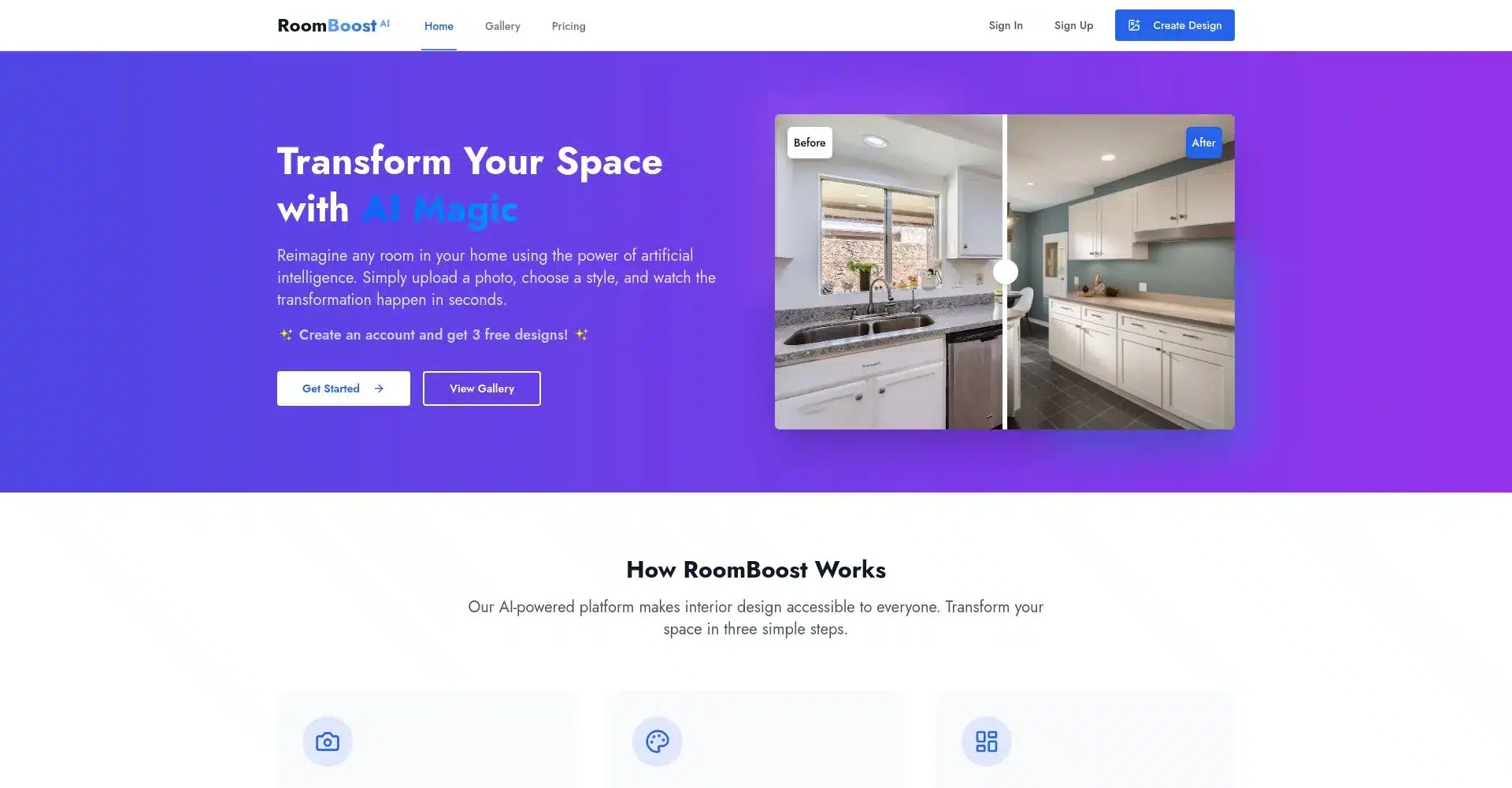 Pantalla de inicio de RoomBoost AI mostrando un diseño de cocina antes y después