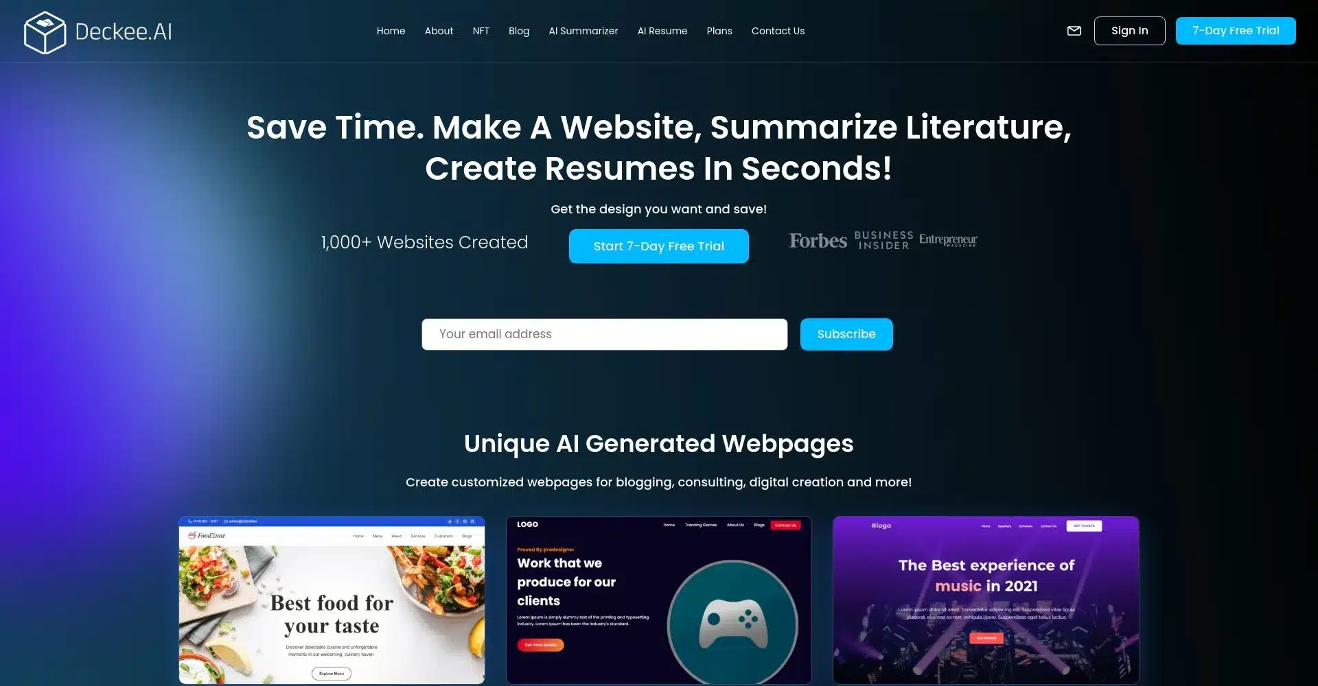 Página de inicio de Deckee.AI mostrando opciones de creación de sitios web y resúmenes