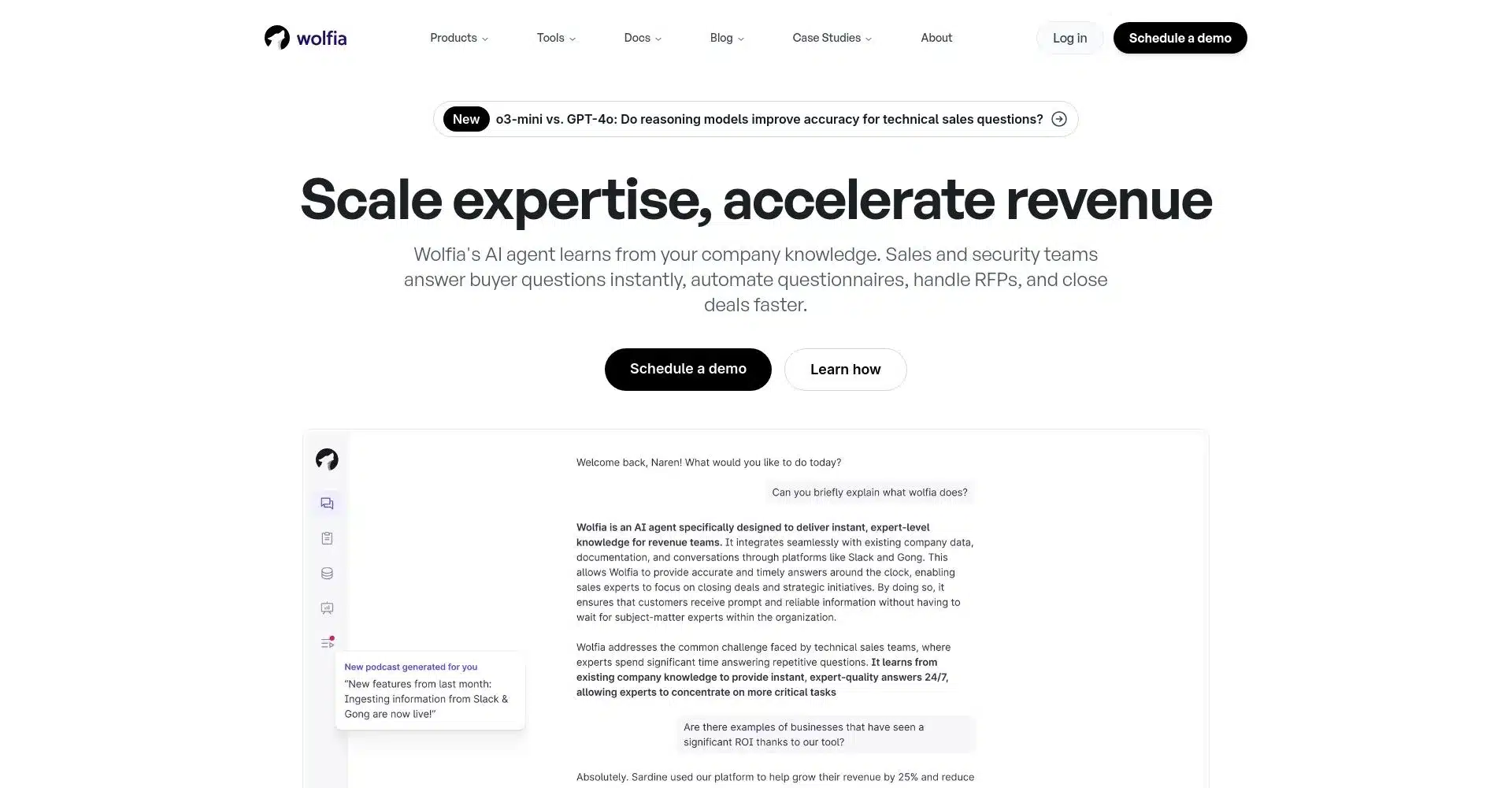 Página principal del sitio web de Wolfia mostrando su agente AI para equipos de ventas