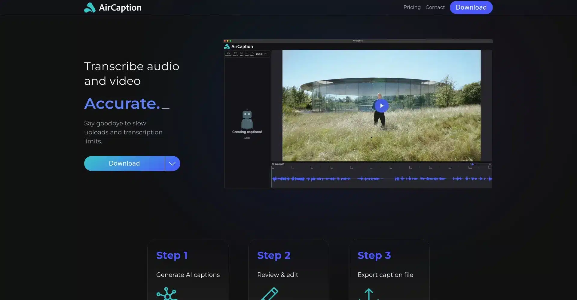 Interfaz de AirCaption para transcripción de audio y video